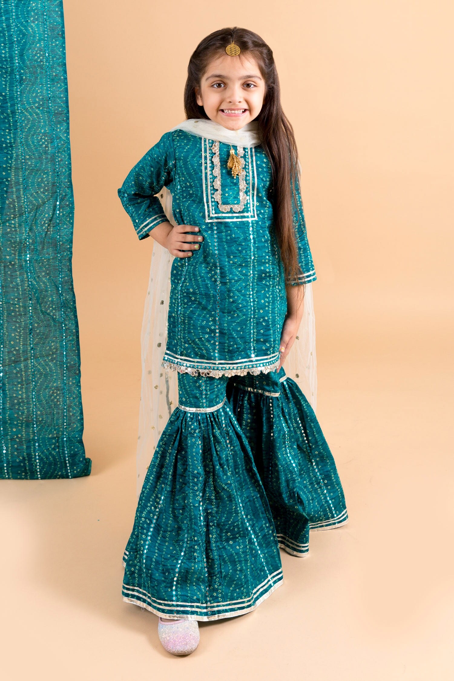 Buy Chotibuti Blue Bandhani Print Kurta Sharara Set For Girls Online Aza Fashions