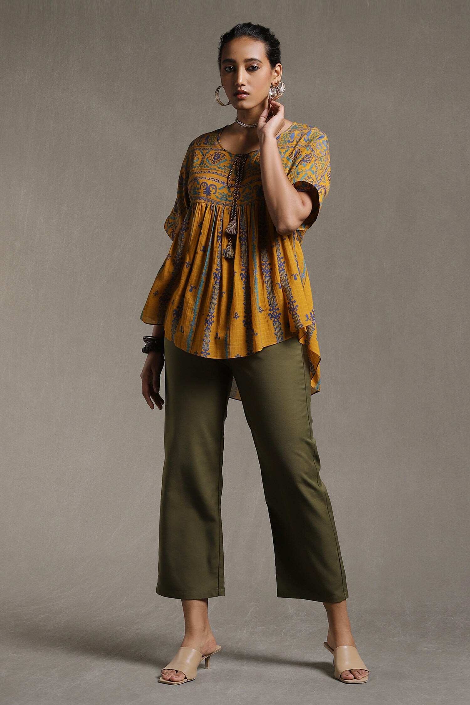 Ritu Kumar Yellow Viscose Cotton Georgette Floral Print Short Kurta