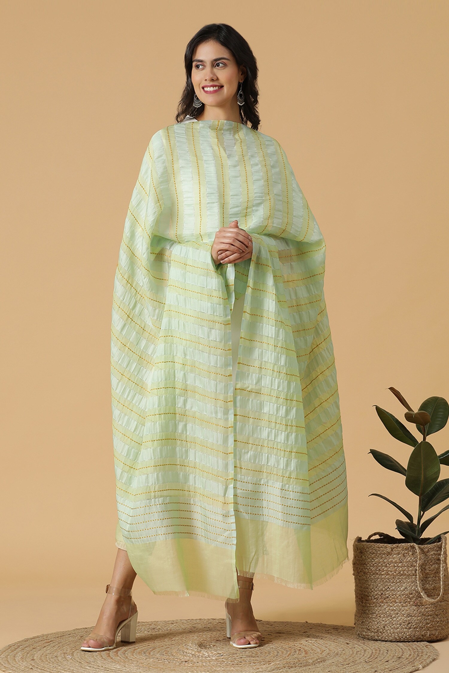 Shingora Green Silk Pastel Stripe Embroidered Dupatta
