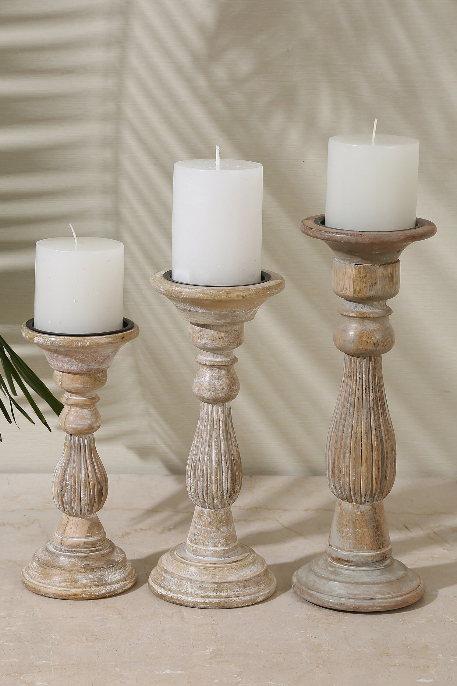 Buy Amoli Concepts Wooden Carved Pillar Candle Holders Set Of 3