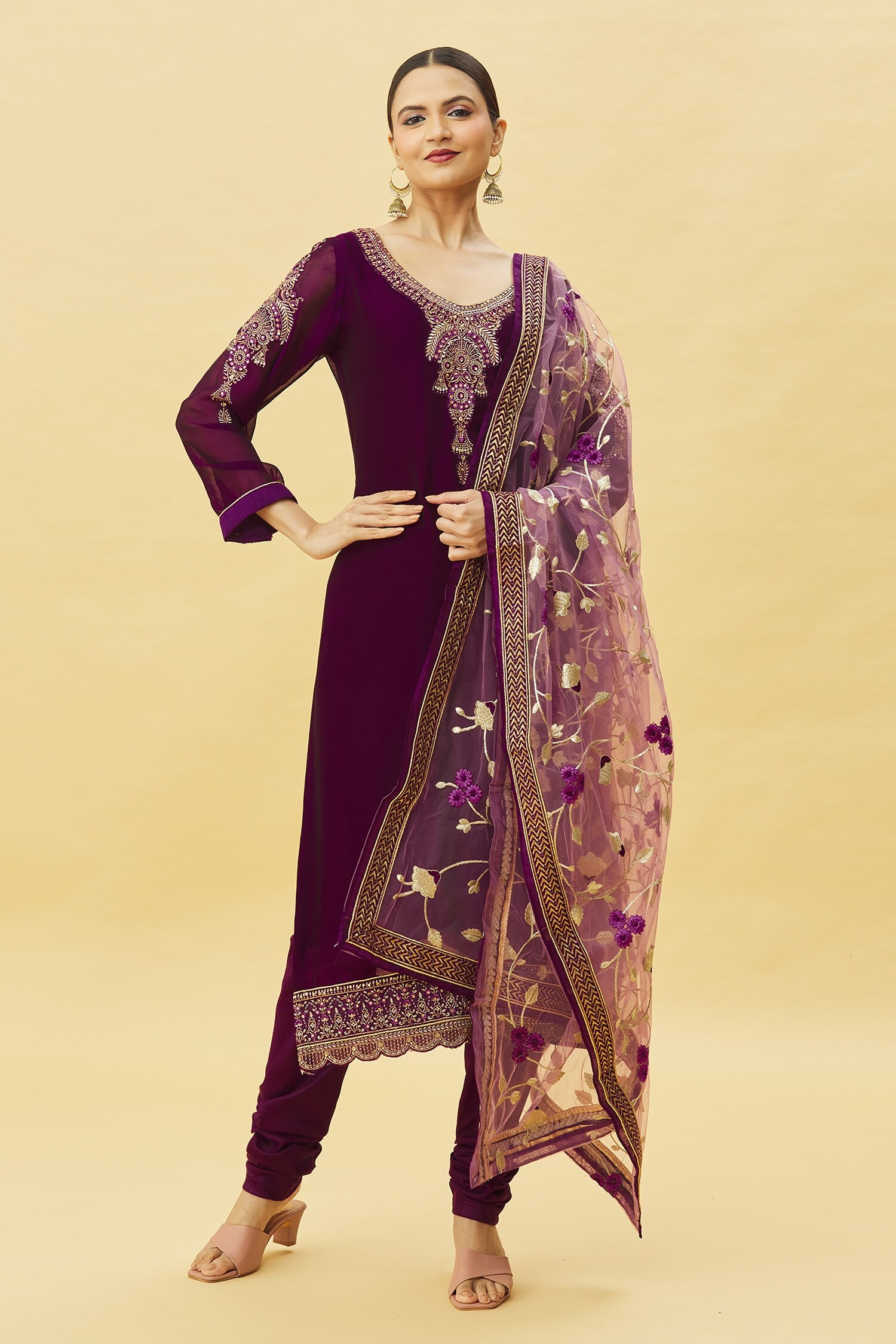 Buy Naintara Bajaj Purple Placement Resham Embroidered Kurta Churidar Set Online Aza Fashions