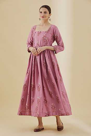Women Pink Floral Poly Muslin Anrkali Kurta