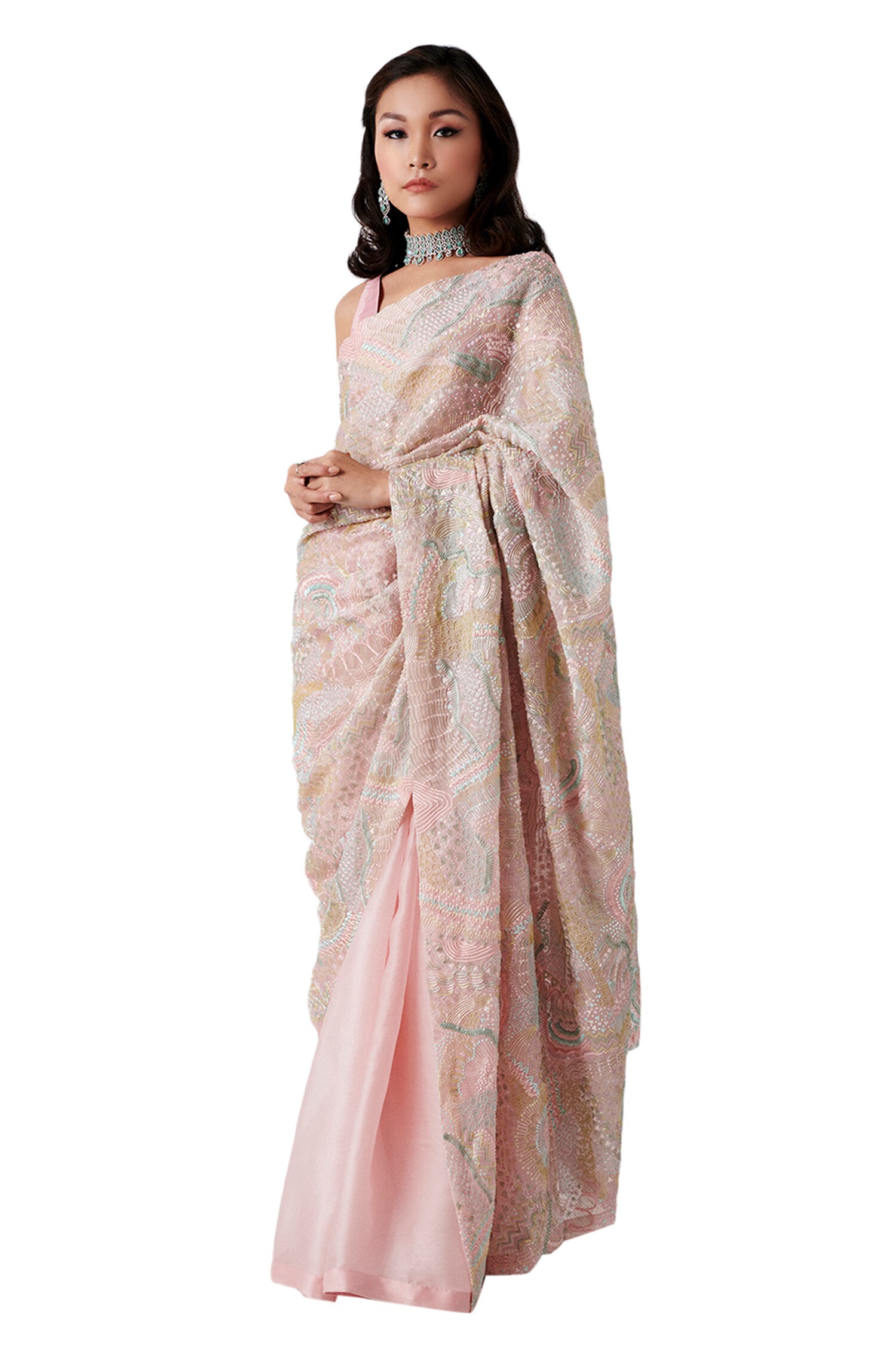 Amaare Pink Taffeta Embellished Saree With Blouse