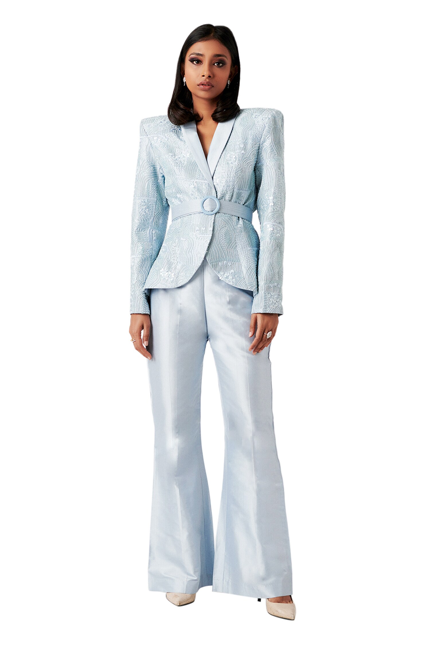 Amaare Blue Taffeta Embellished Jacket And Pant Set