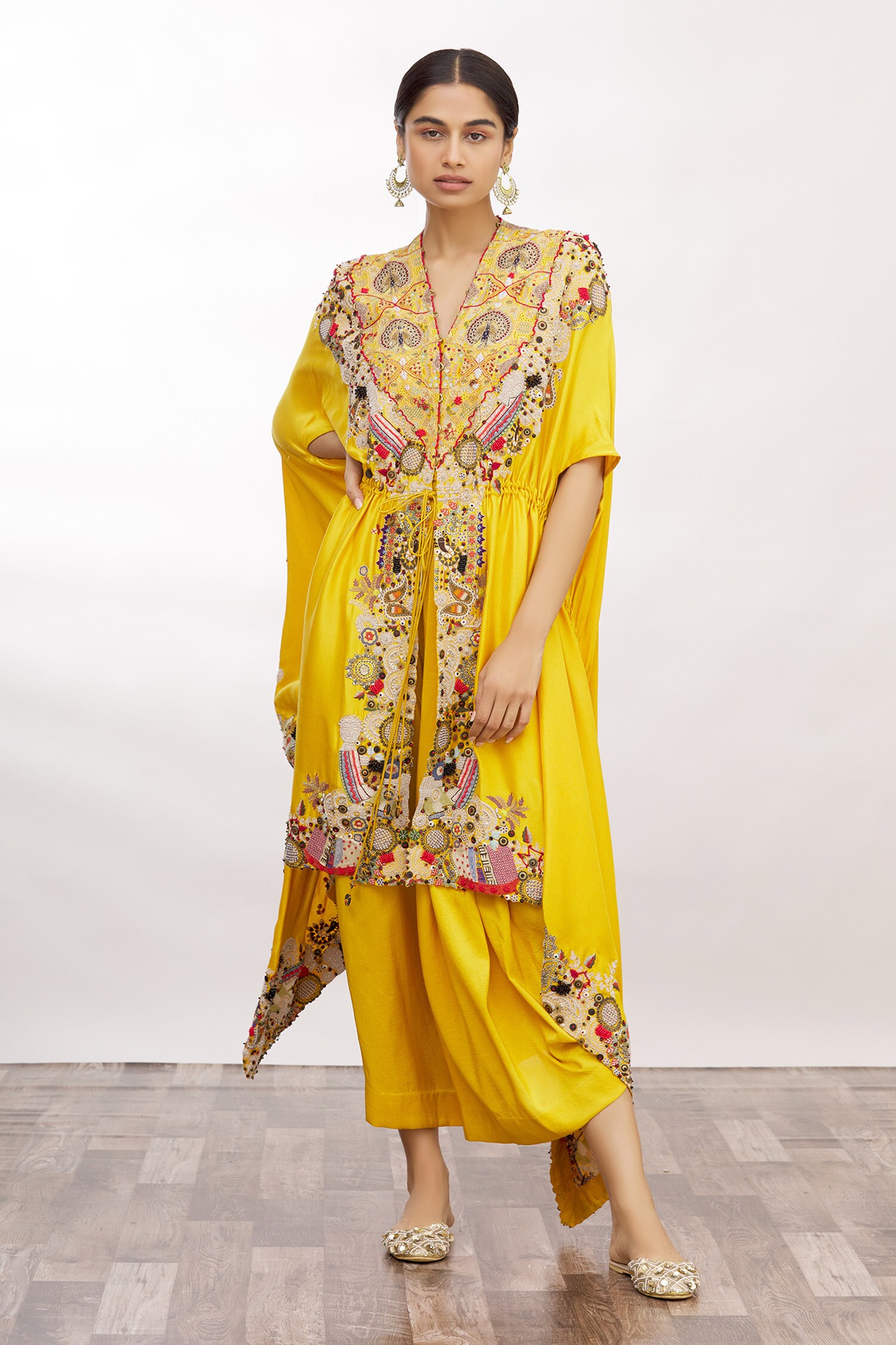Anamika Khanna Yellow Kaftan Kurta And Draped Skirt Set