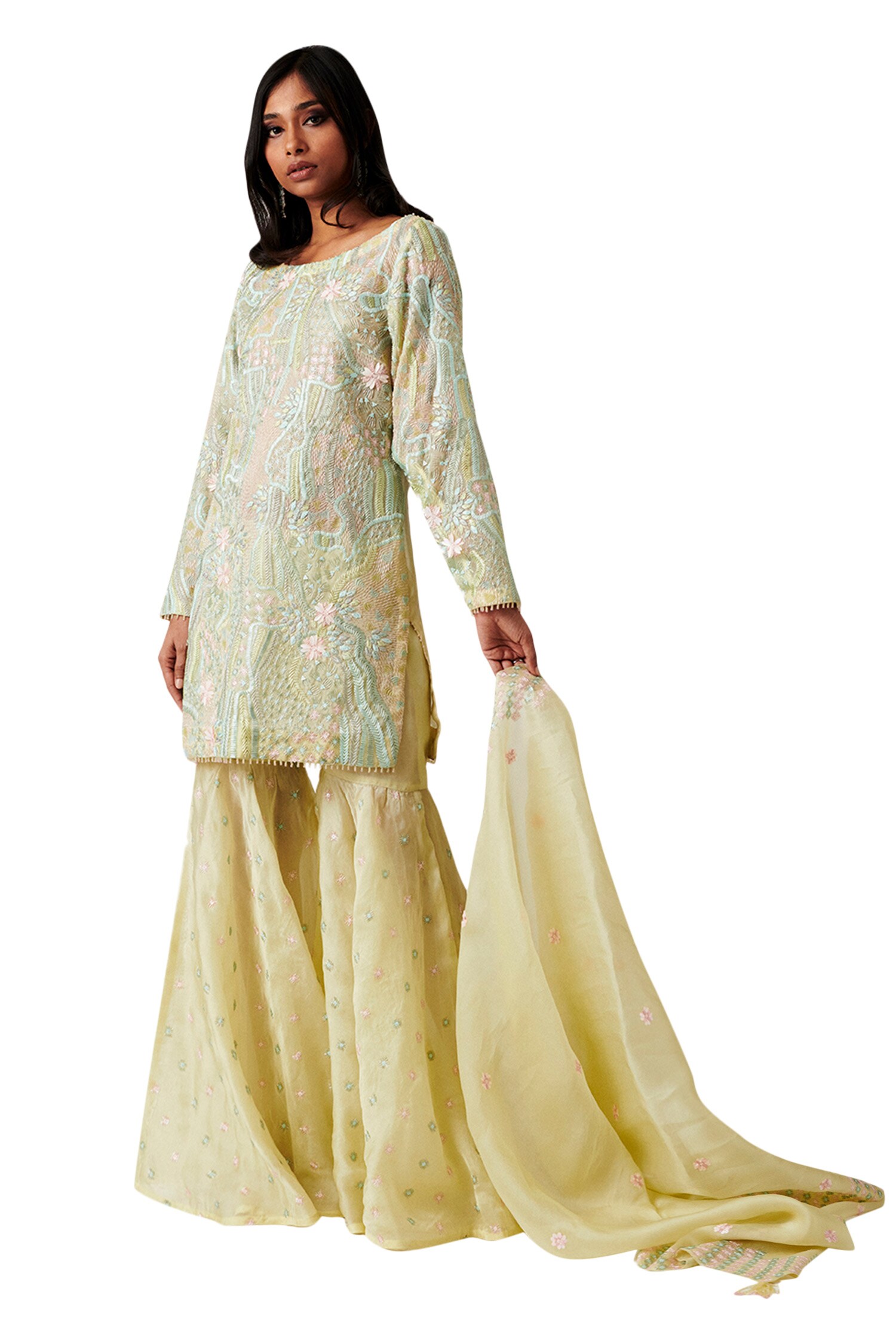 Amaare Yellow Organza Embellished Kurta Set