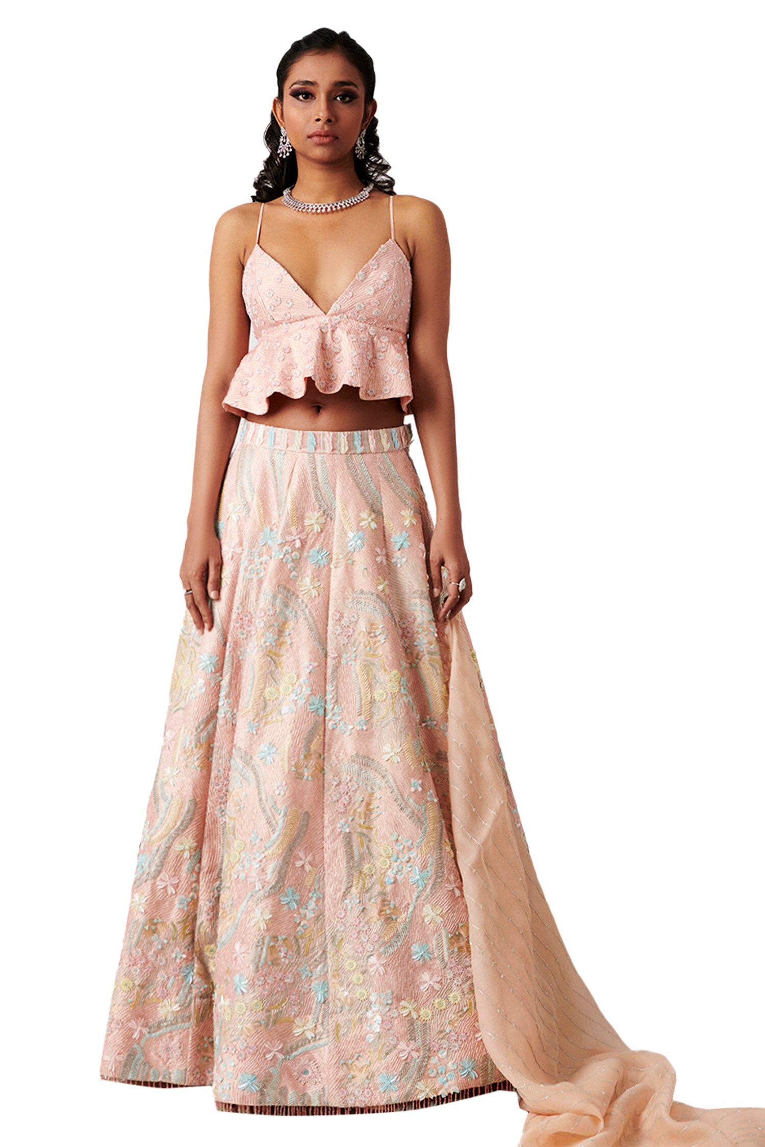 Amaare Peach Taffeta Embellished Lehenga Set