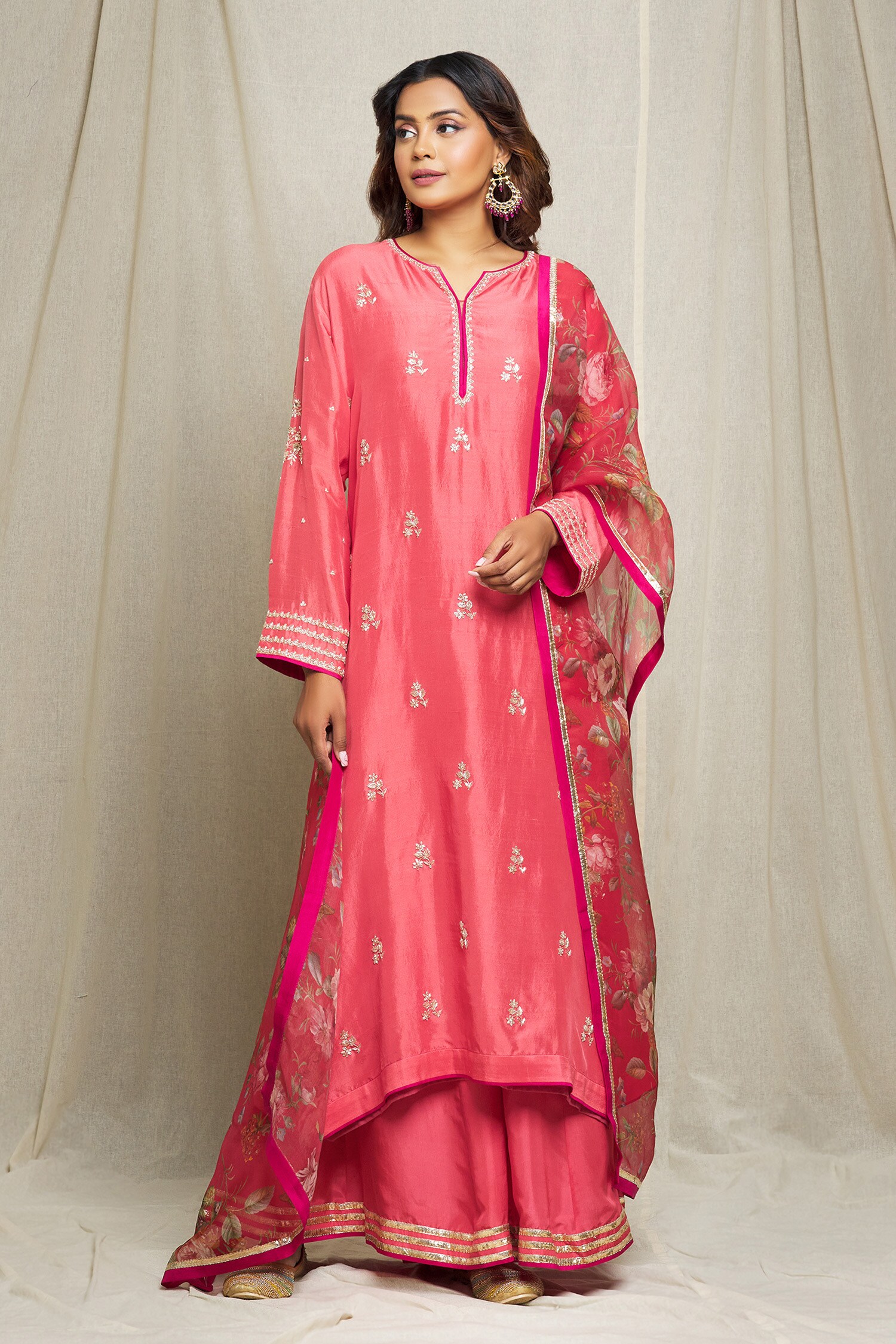 Buy Anushree Reddy Peach Dupion Silk Zardozi Embroidered Kurta Palazzo
