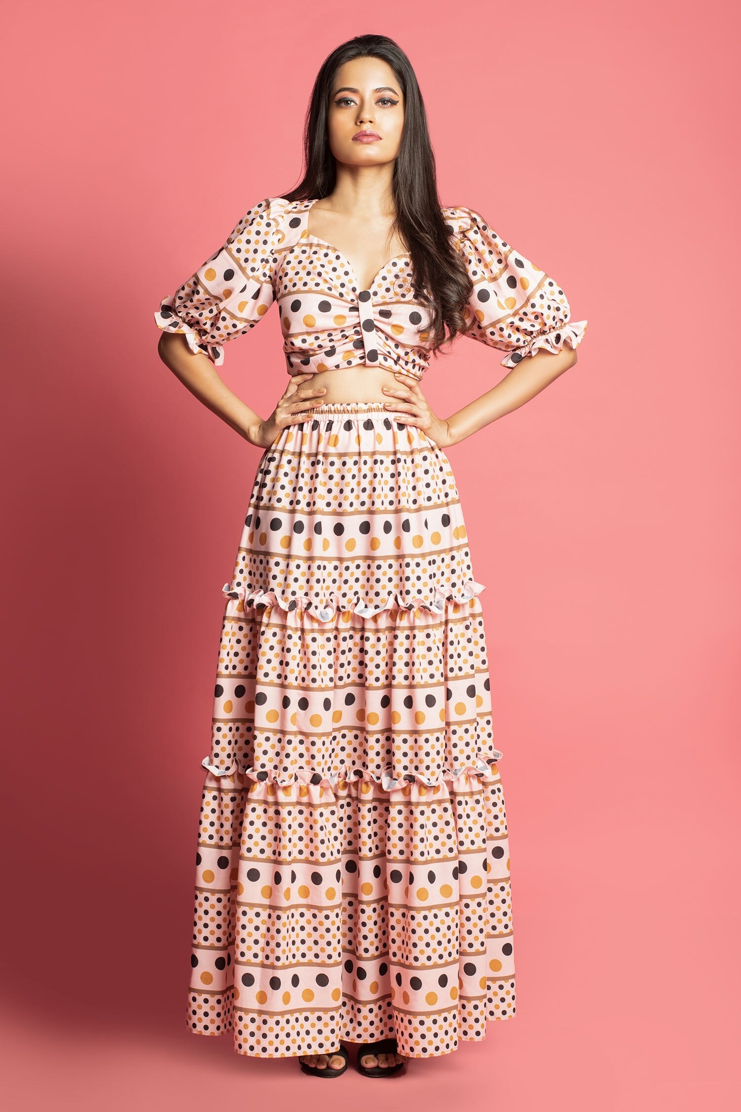 Urban Pataka Peach Cotton Crop Top And Skirt Set