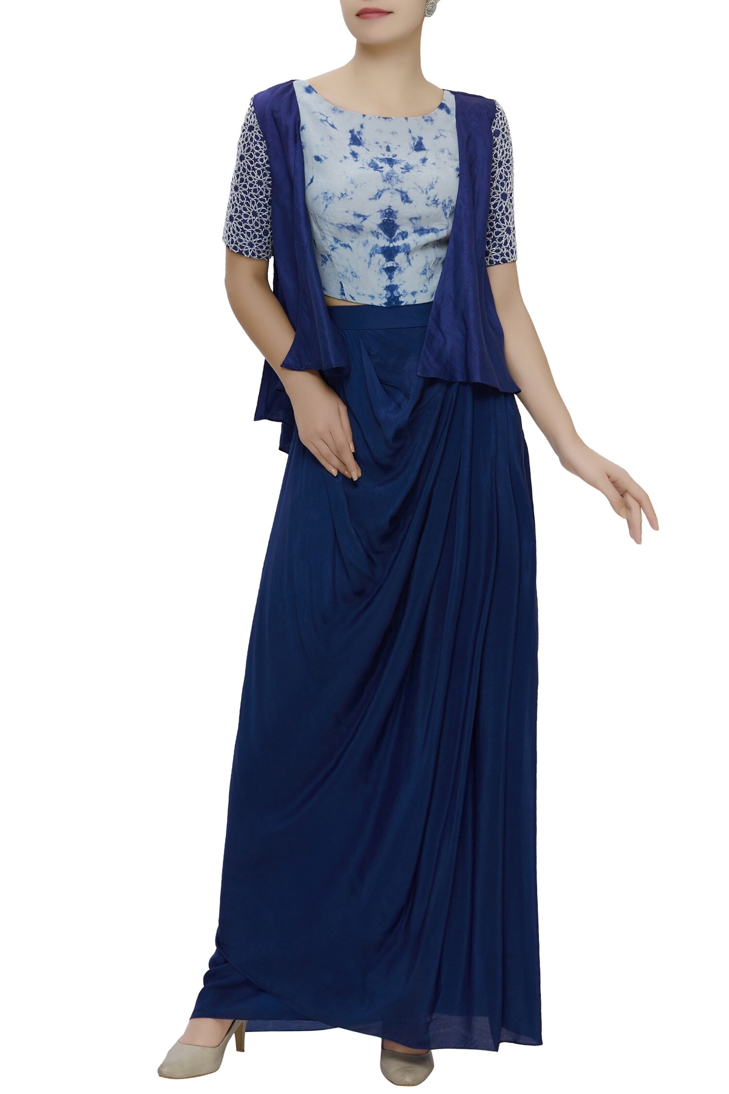 Buy Eclat by Prerika Jalan Blue Crepe Drape Skirt With Top And Jacket ...