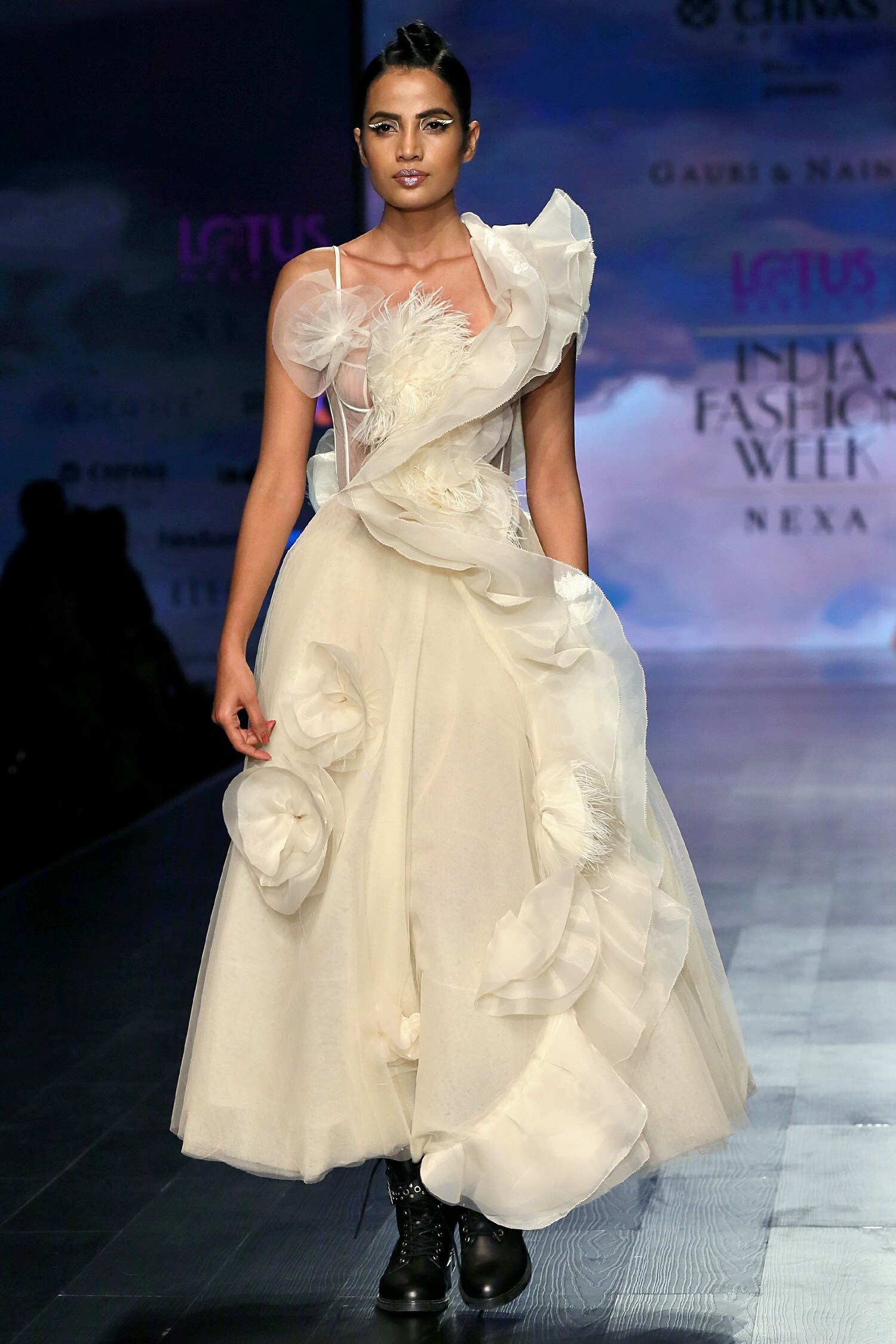 Gauri & Nainika White Embellished Ruffle Gown
