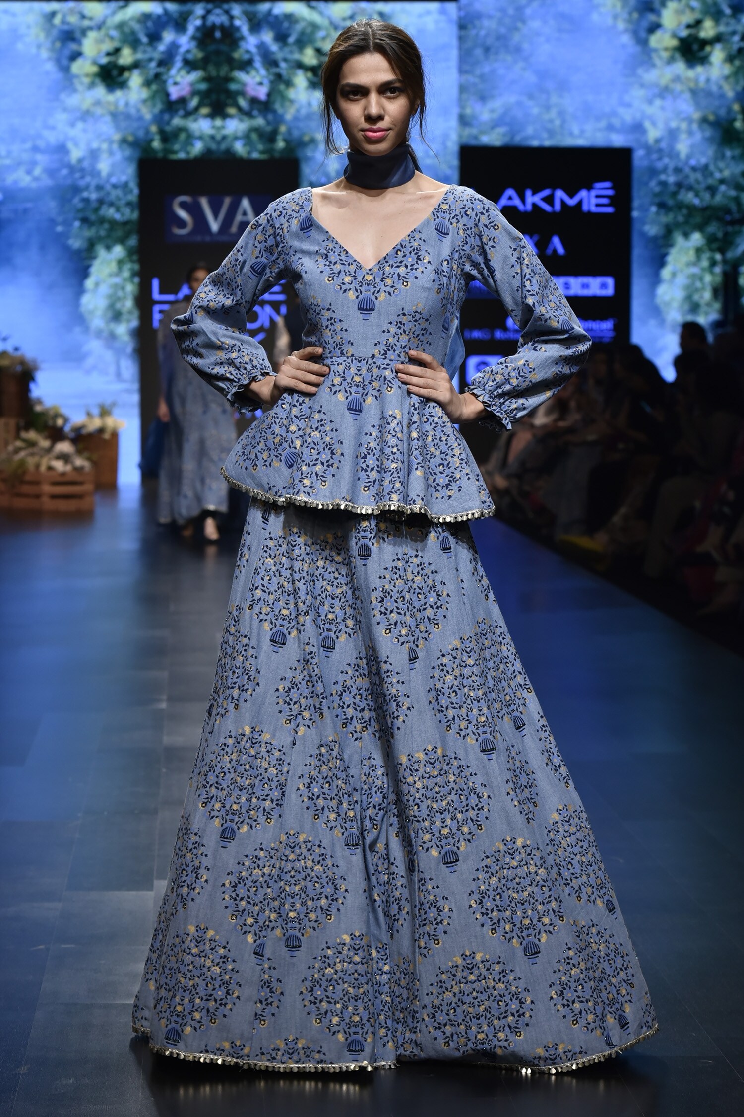 SVA by Sonam & Paras Modi Blue Printed Peplum Top With Lehenga Skirt