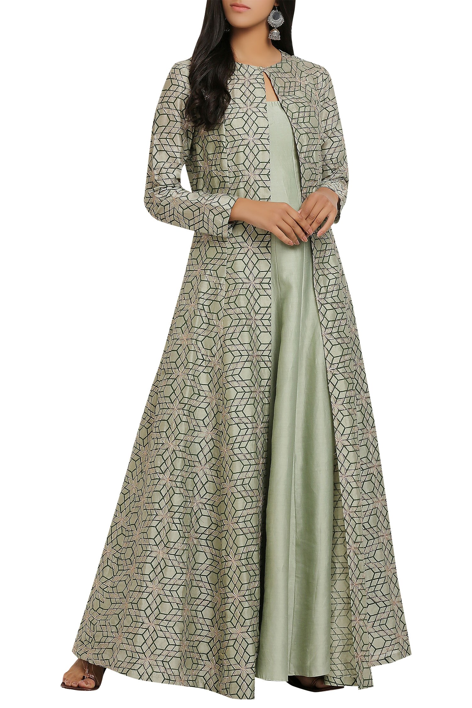 Silky Bindra Green Anarkali Kurta With Printed Jacket