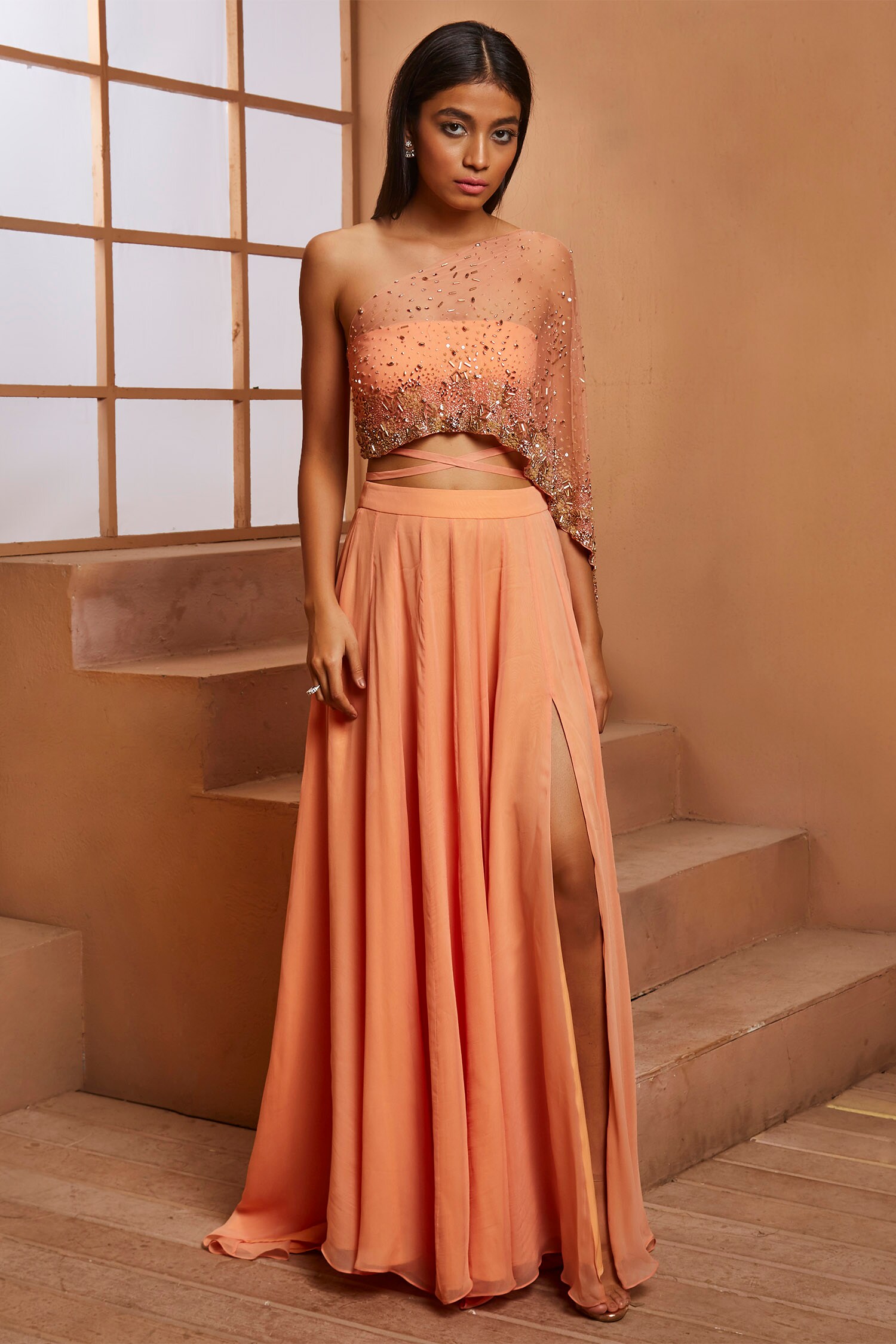 Shloka Khialani Peach Georgette One Shoulder Top And Skirt Set