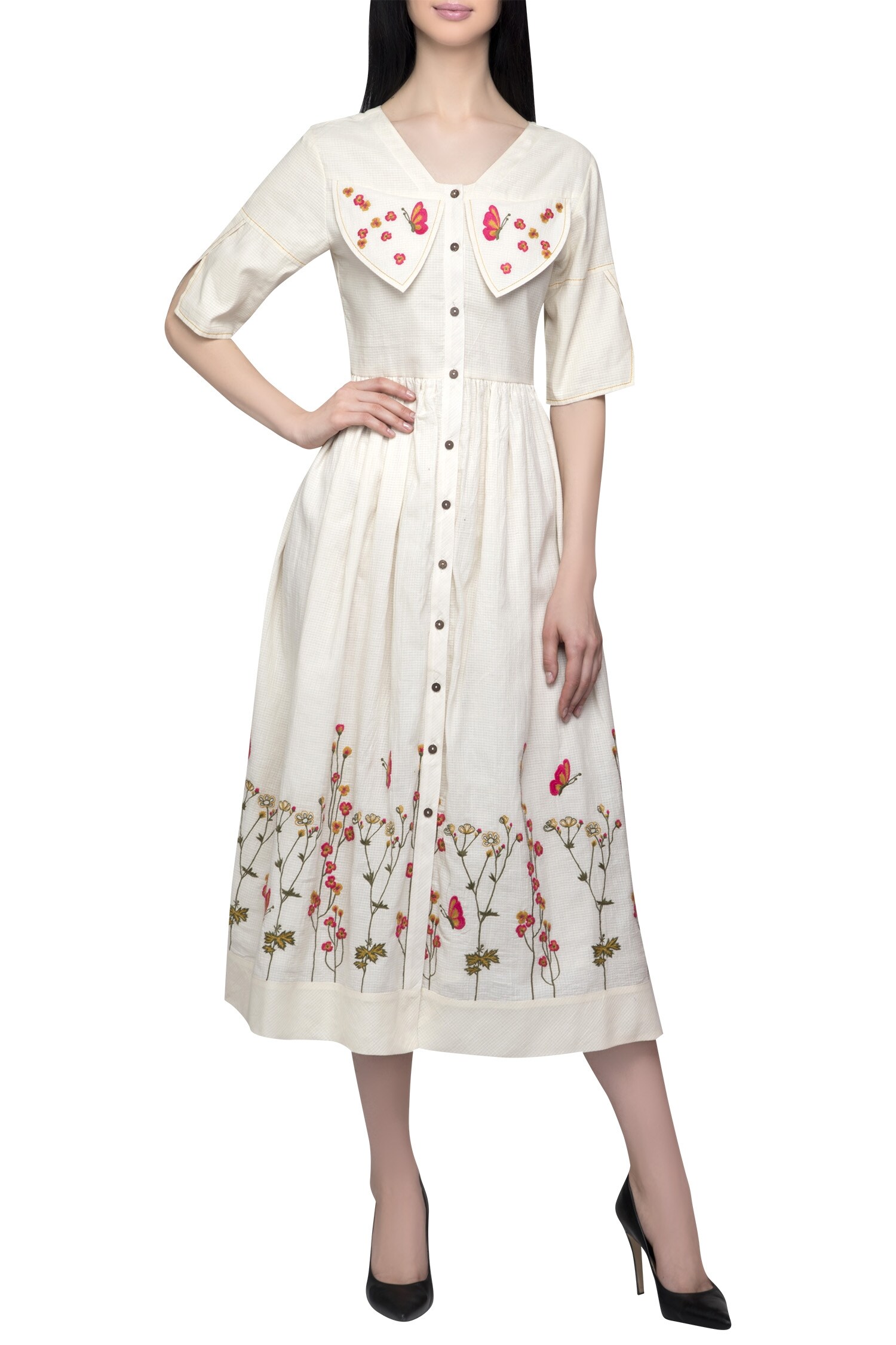 S & V Designs Off White Dobby Cotton Embroidered Midi Dress