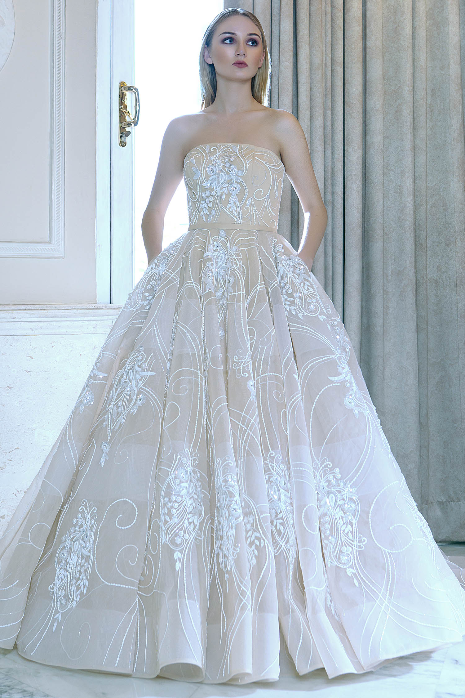 Amit GT Beige Tulle Embroidered Gown