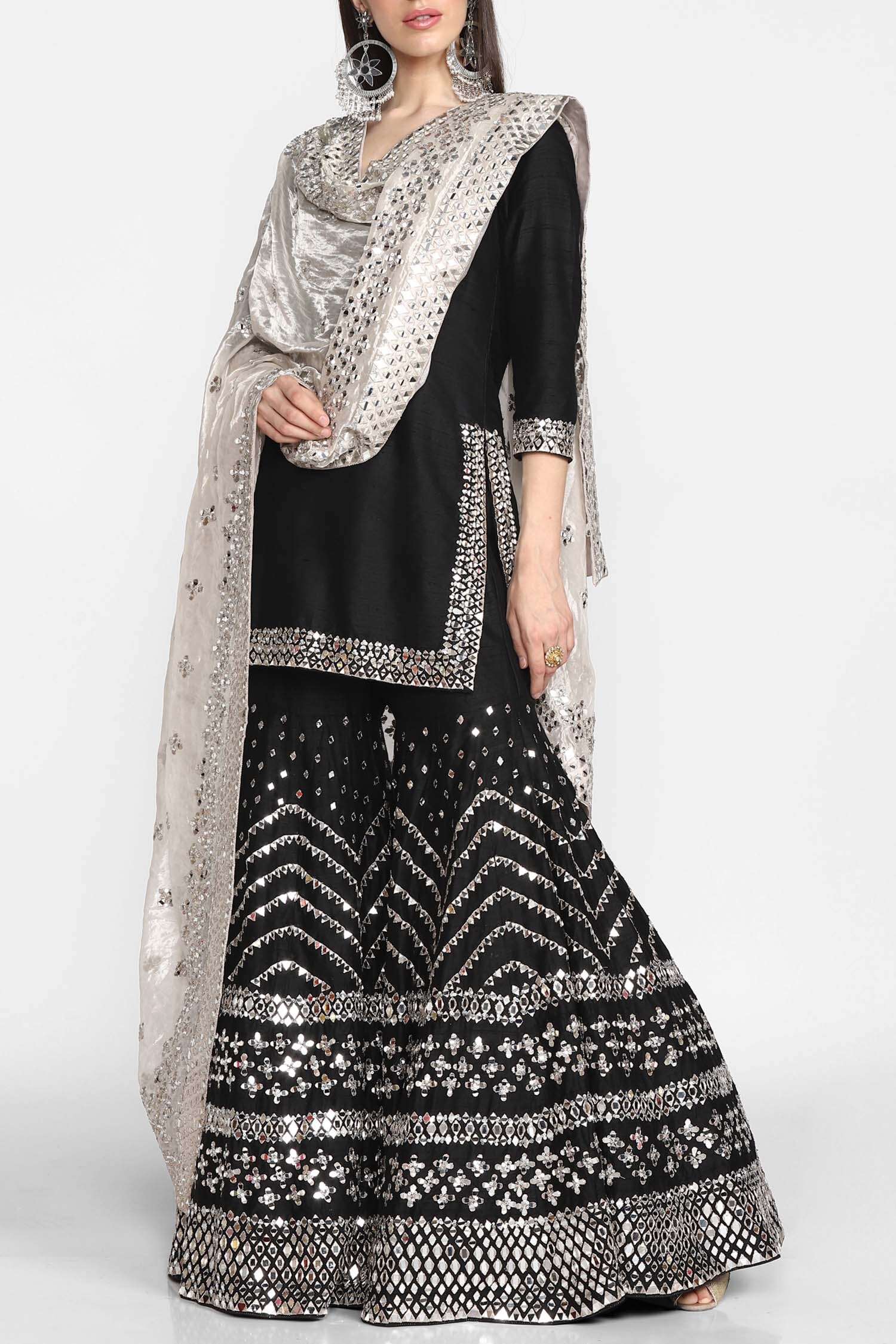 Abhinav Mishra Black Raw Silk Embellished Kurta Sharara Set