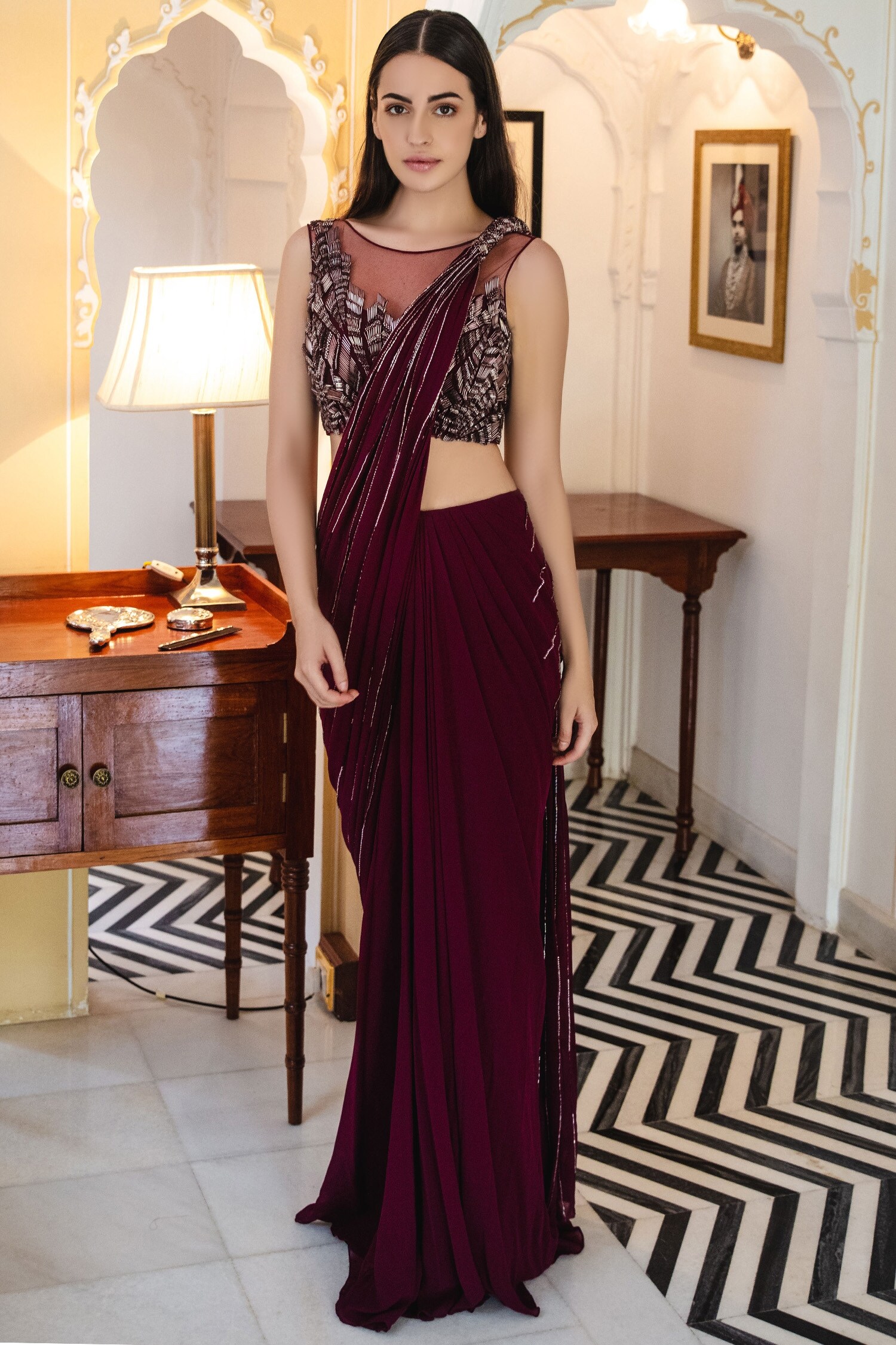Gaurav Gupta Maroon Georgette Pre-draped Embellished Saree