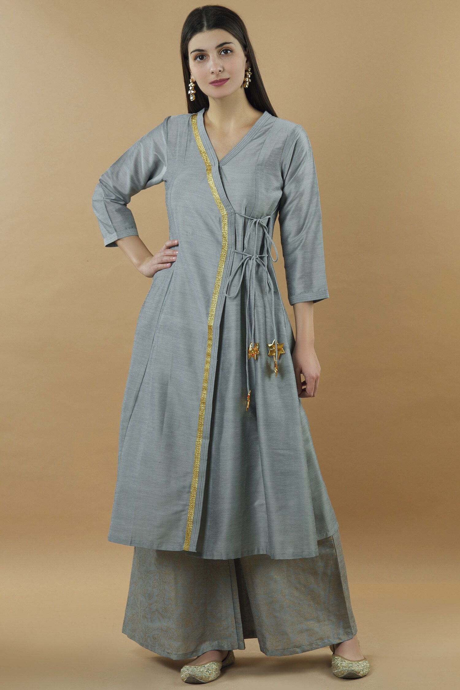 Buy Nazaakat by Samara Singh Grey Silk Kurta Palazzo Set Online | Aza ...