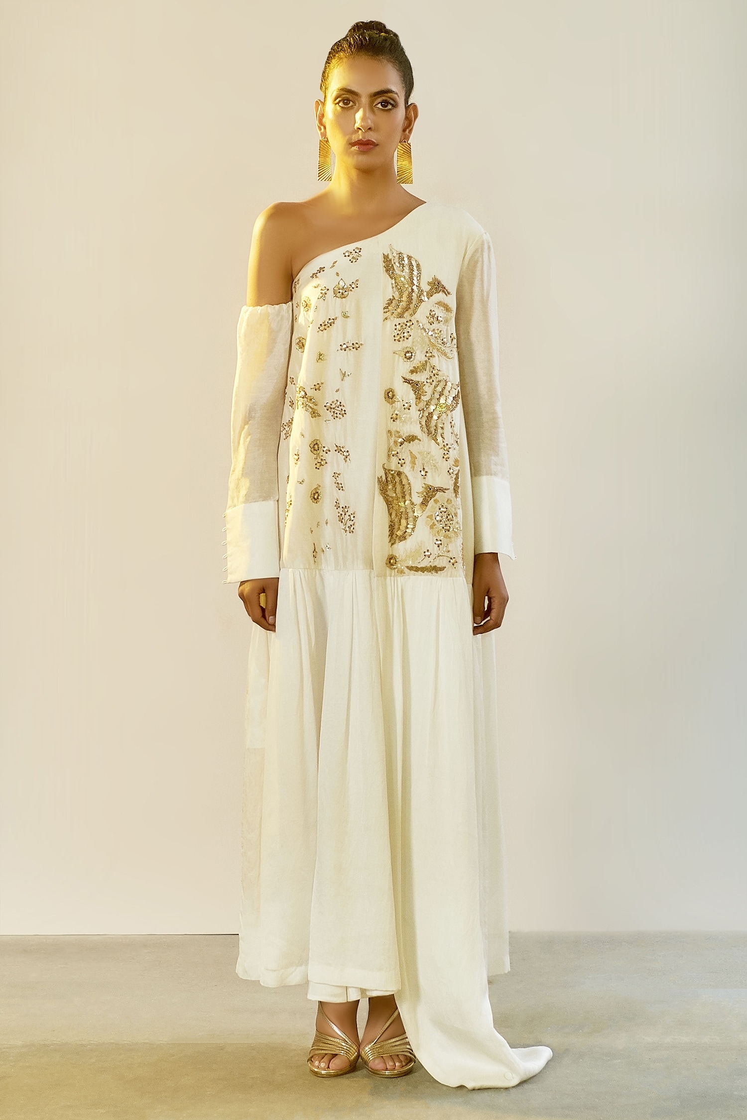 Buy Saksham Neharicka Off White Chanderi One Shoulder Gown Online | Aza ...