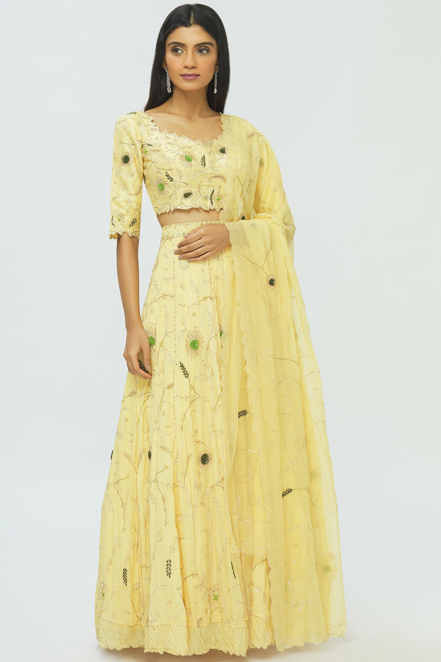 Buy Pleats By Kaksha And Dimple Yellow Kasturi Crepe Embroidered Lehenga Set Online Aza Fashions