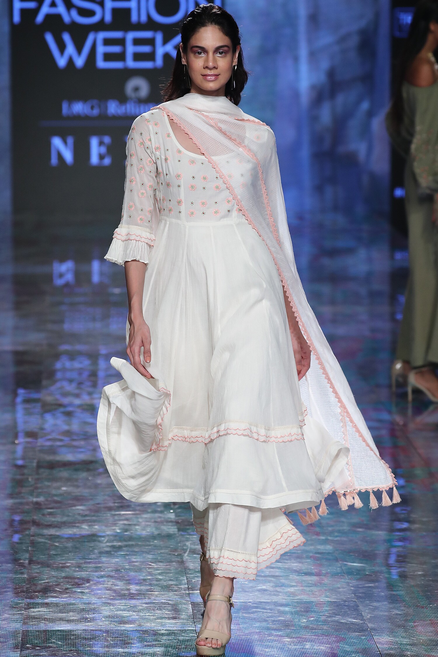 House of Kotwara White Mulmul Chikankari Anarkali Palazzo Set
