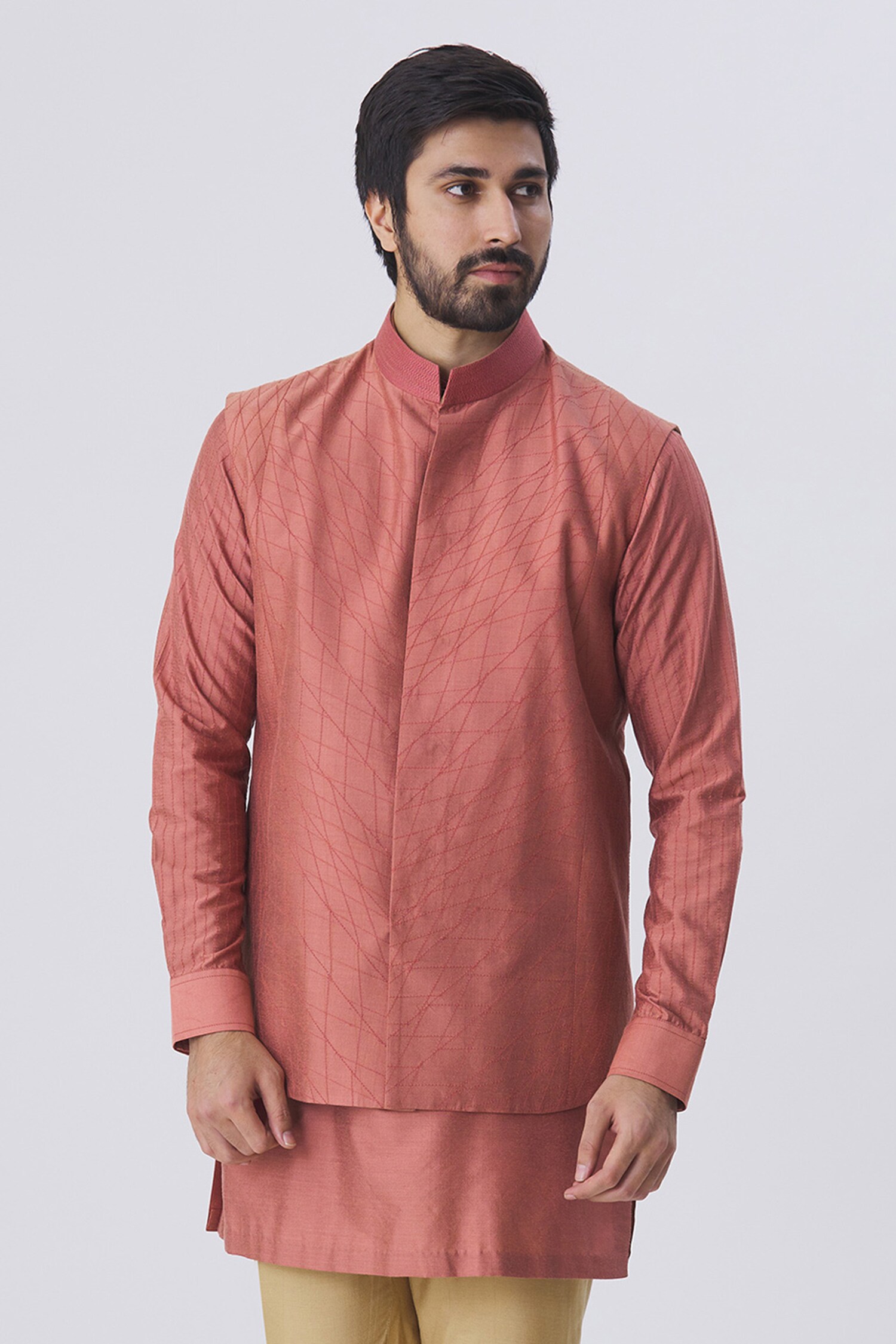 Kunal Anil Tanna Pink Spun Silk Textured Bundi  And Kurta Set