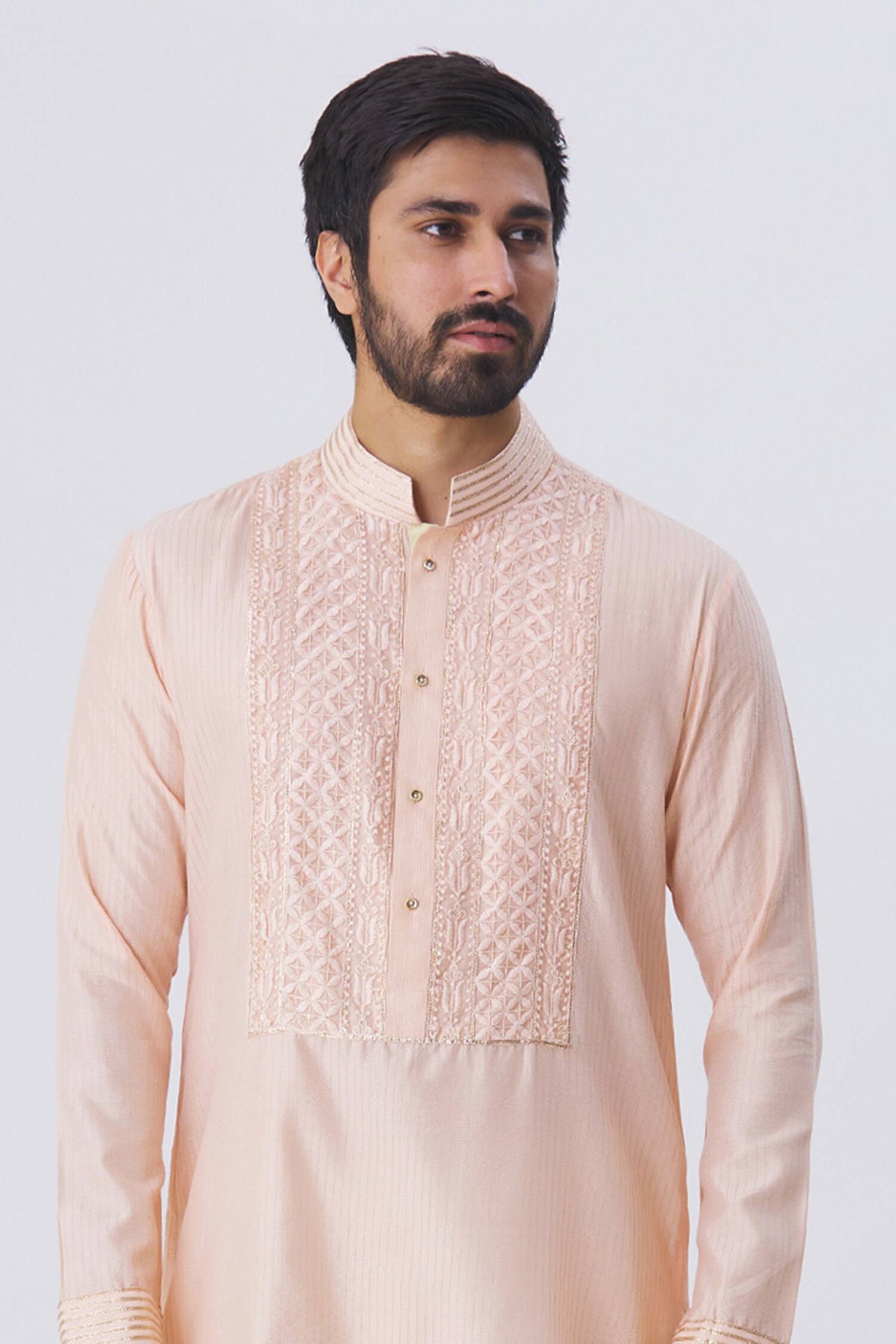 Kunal Anil Tanna Peach Spun Silk Embellished Kurta And Pant Set