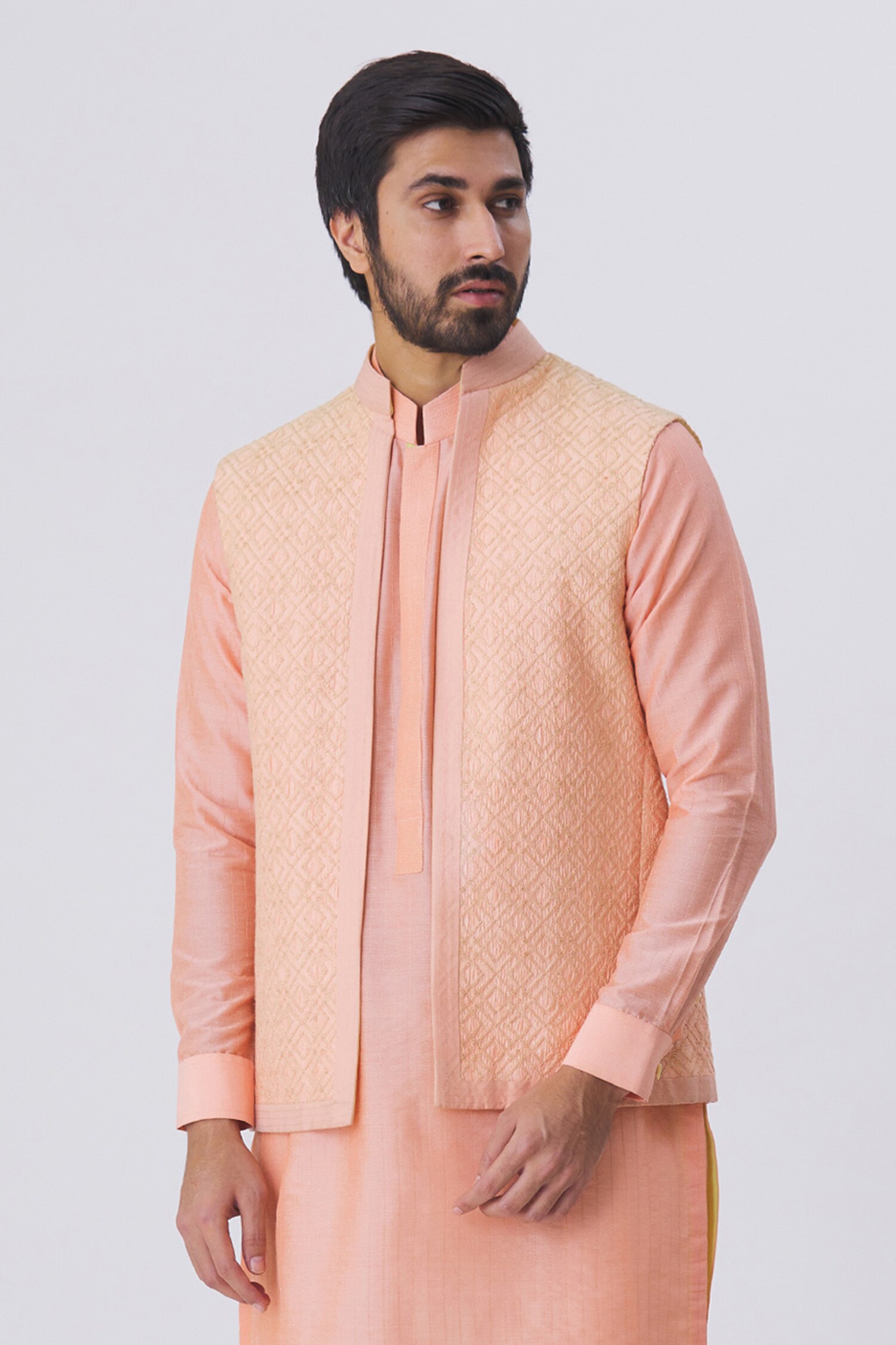 Kunal Anil Tanna Peach Spun Silk Embroidered Bundi And Kurta Set
