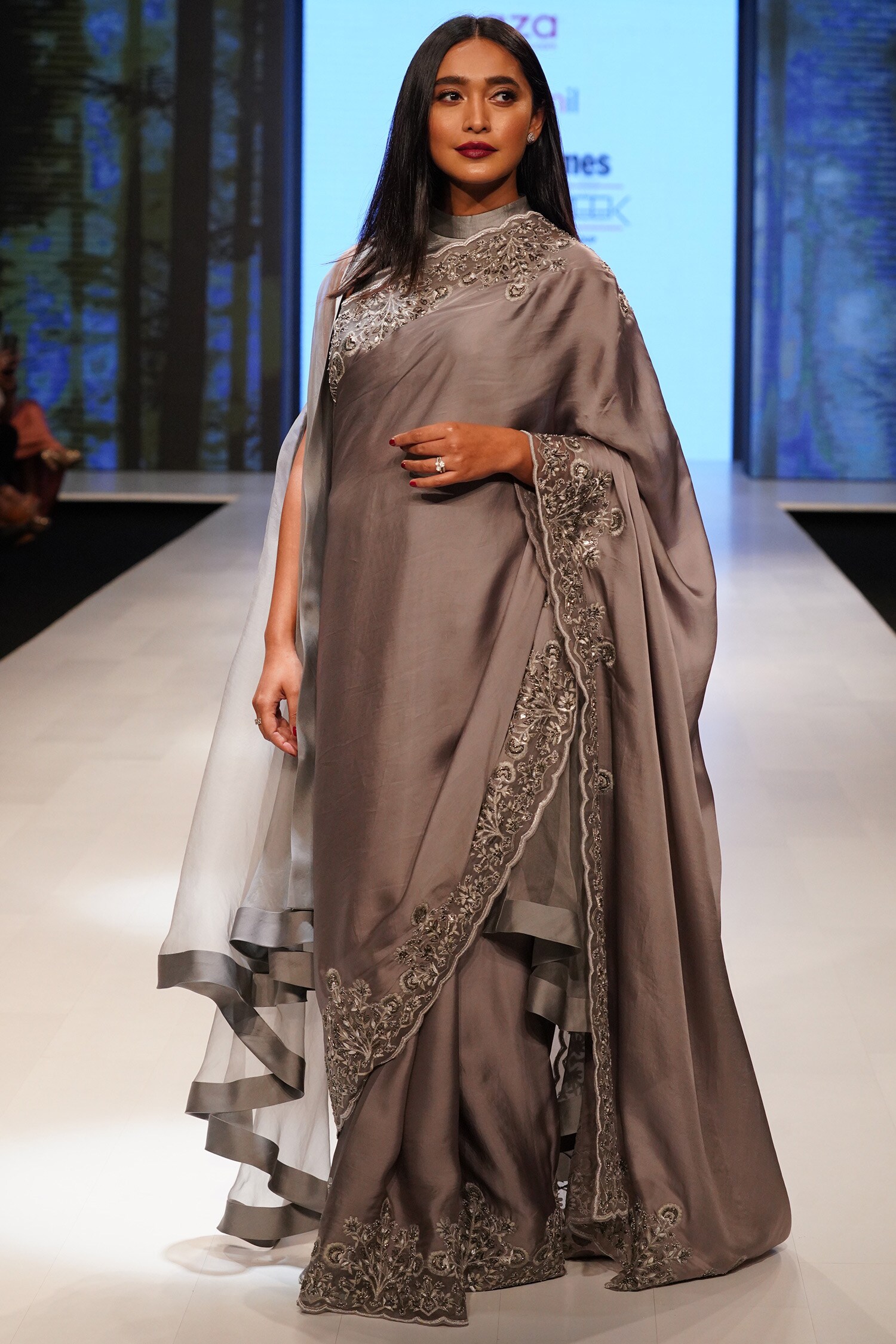Dev R Nil Silver Satin Organza Embellished Cape Saree With Blouse