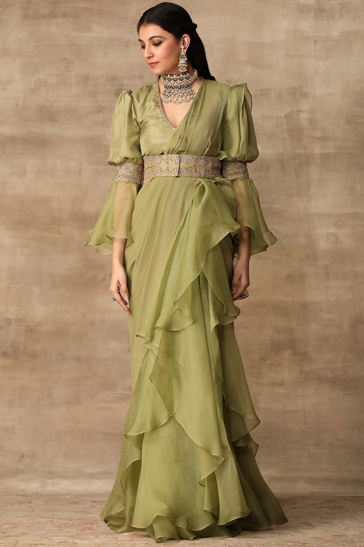 Ridhi Mehra Green Silk Pre-draped Saree With Blouse