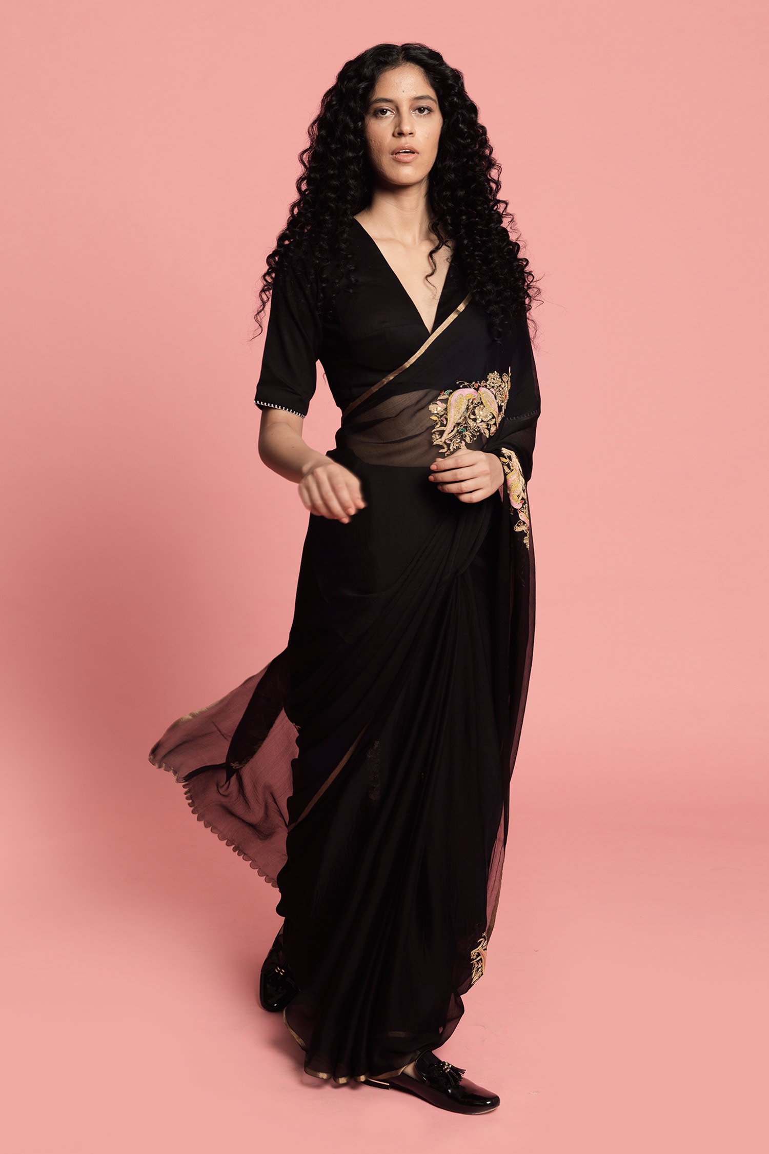 Label Earthen Black Chiffon Silk Embroidered Saree With Blouse