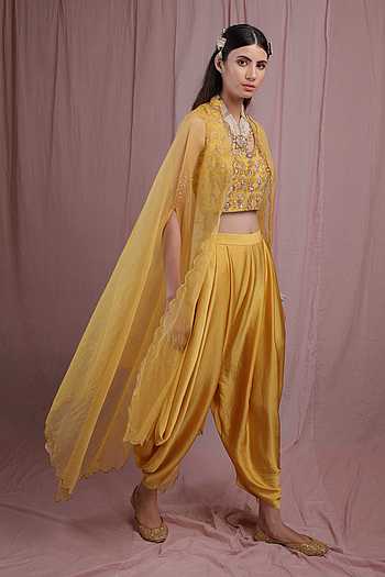 Buy Show Shaa Yellow Blouse Organza Cape And Draped Pant Set Online ...