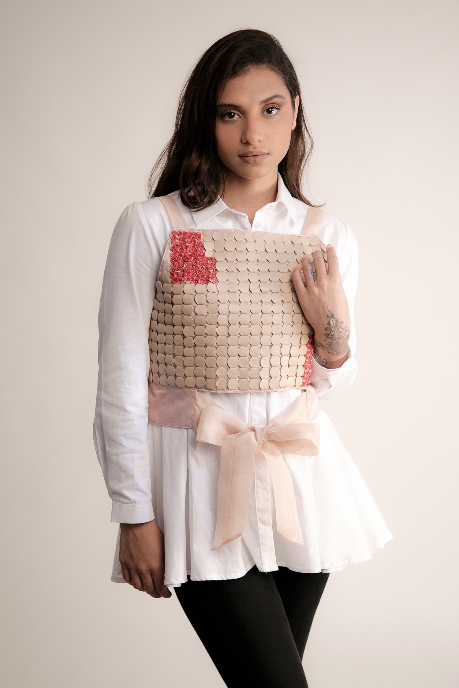 Devina Juneja Beige Cotton Satin Applique Crop Top