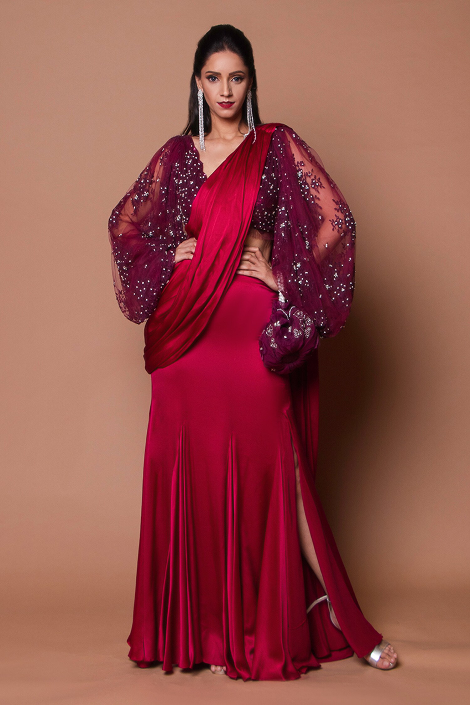 Shehlaa Khan Red Satin Draped Saree With Blouse