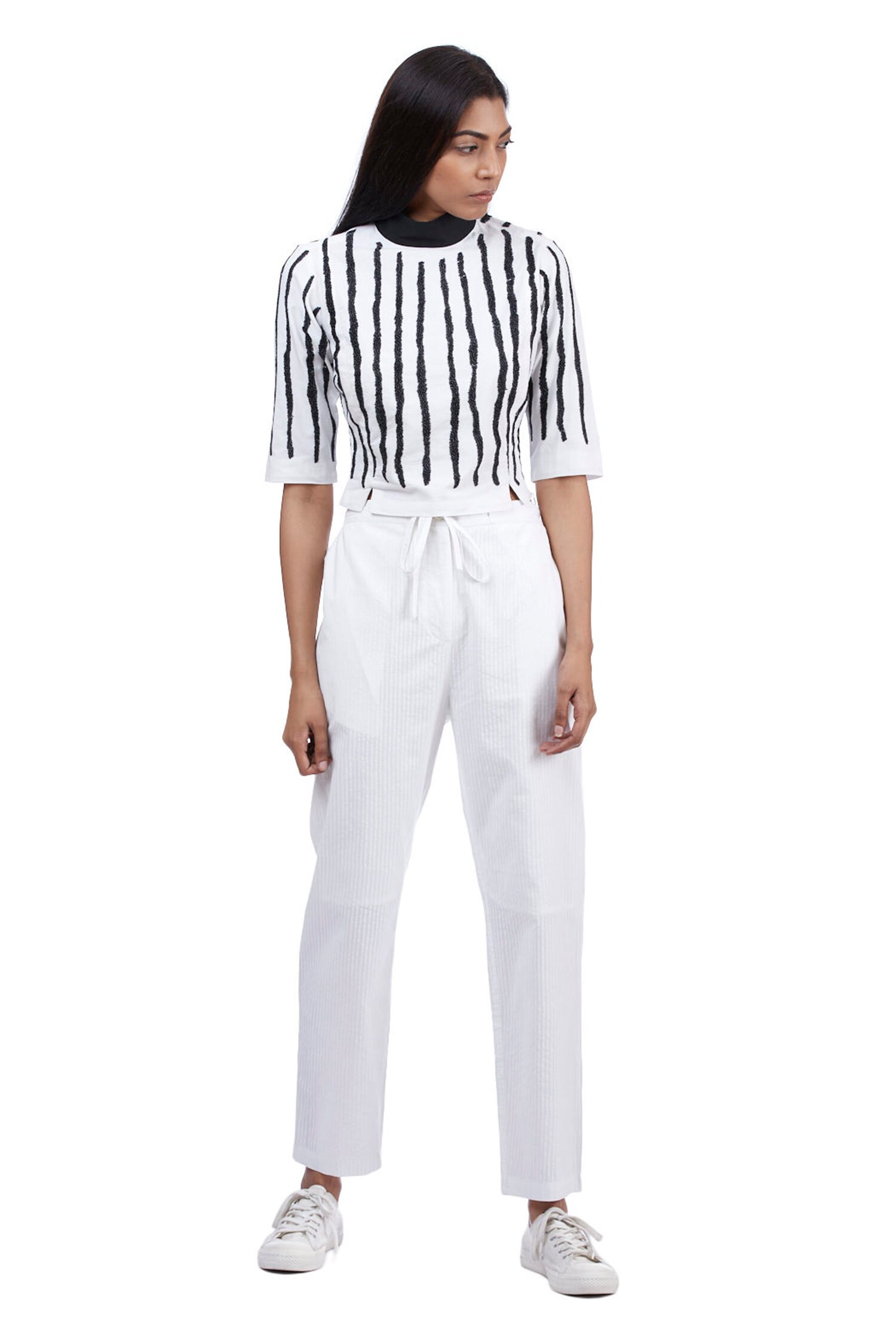 Abraham & Thakore White Cotton Striped Print Pant