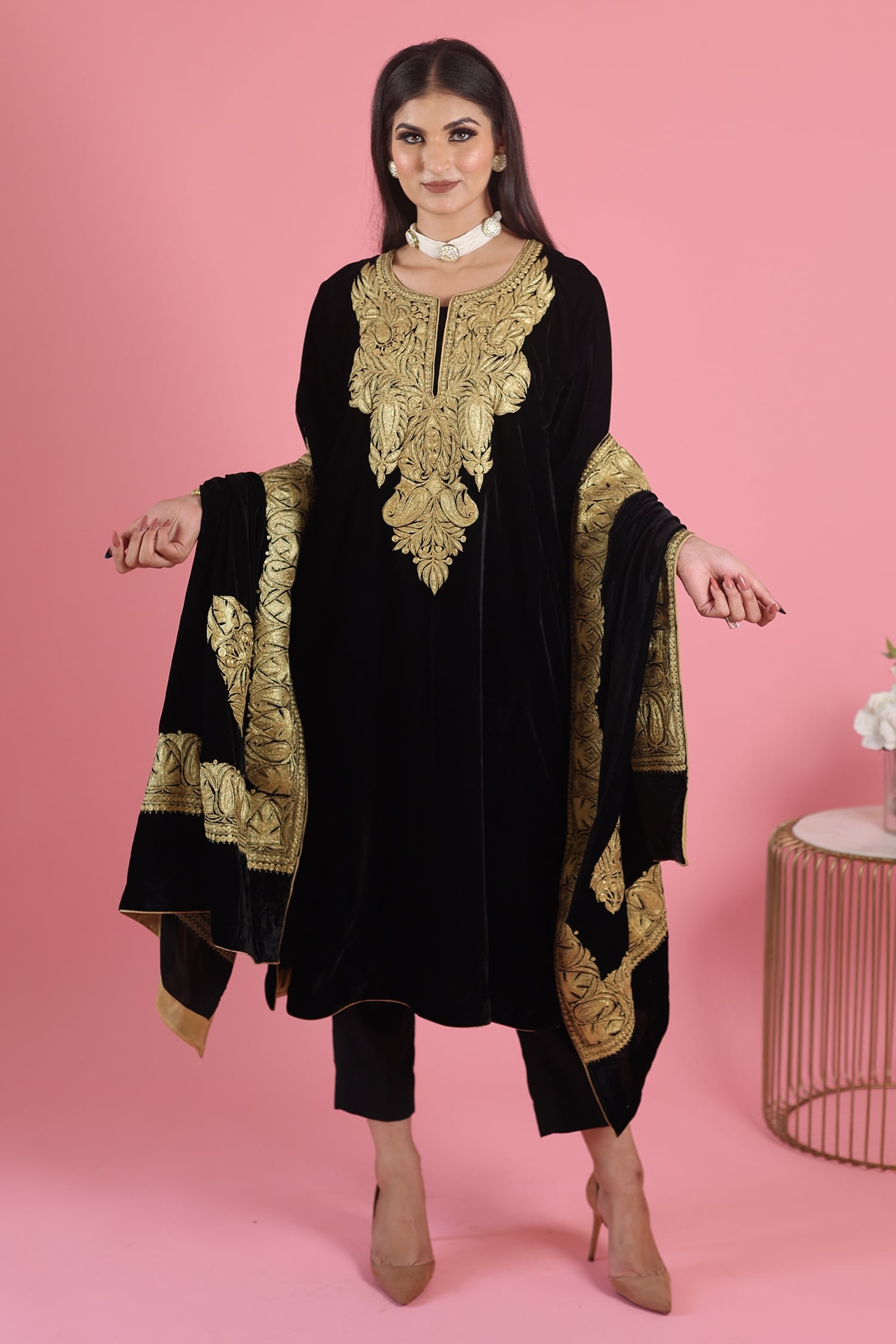 Buy Daljit Sudan Black Velvet Embroidered Kurta Set Online | Aza Fashions