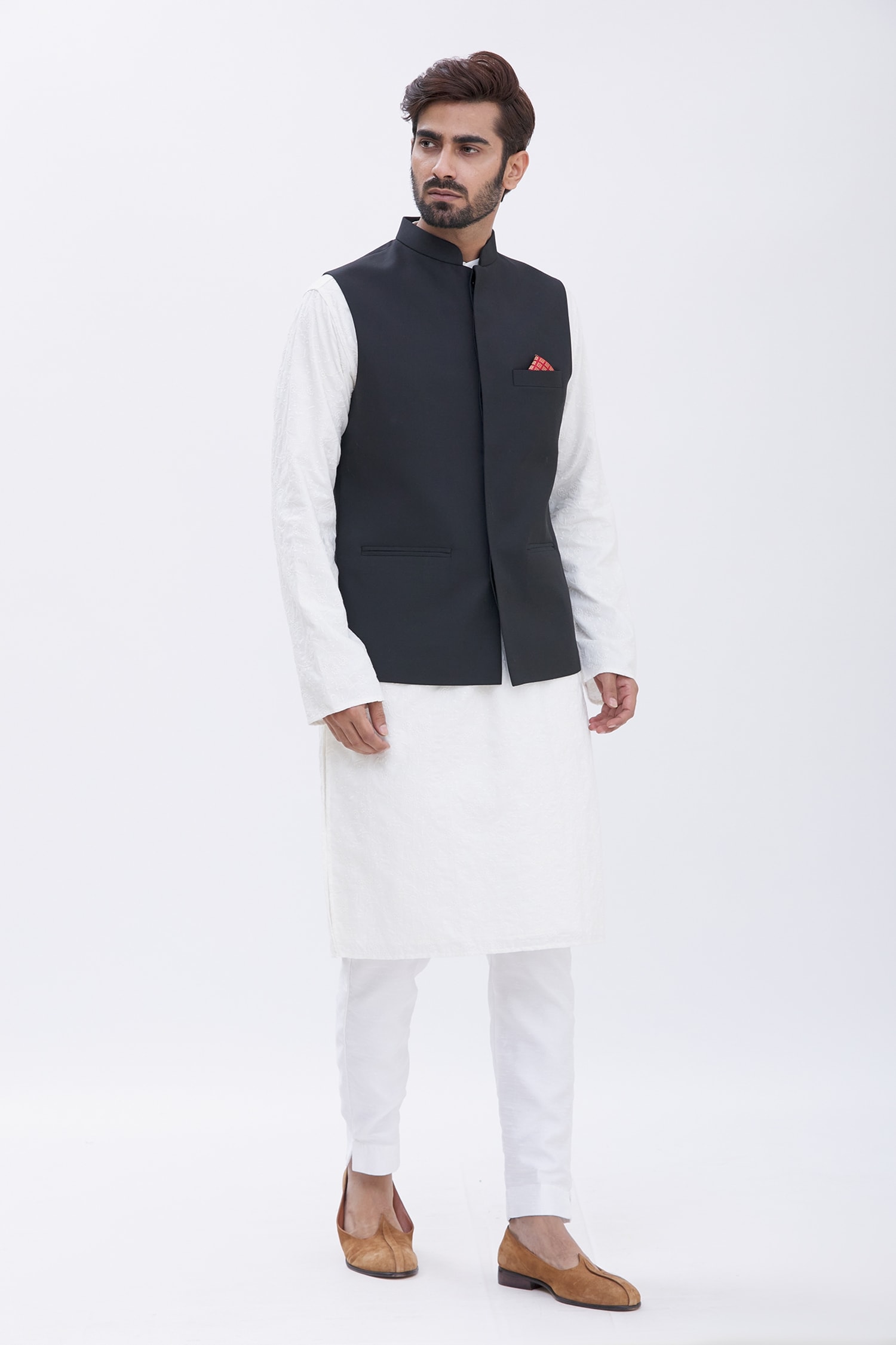 Aham-Vayam Black 's Suiting Fabric Mandarin Collar Nehru Jacket