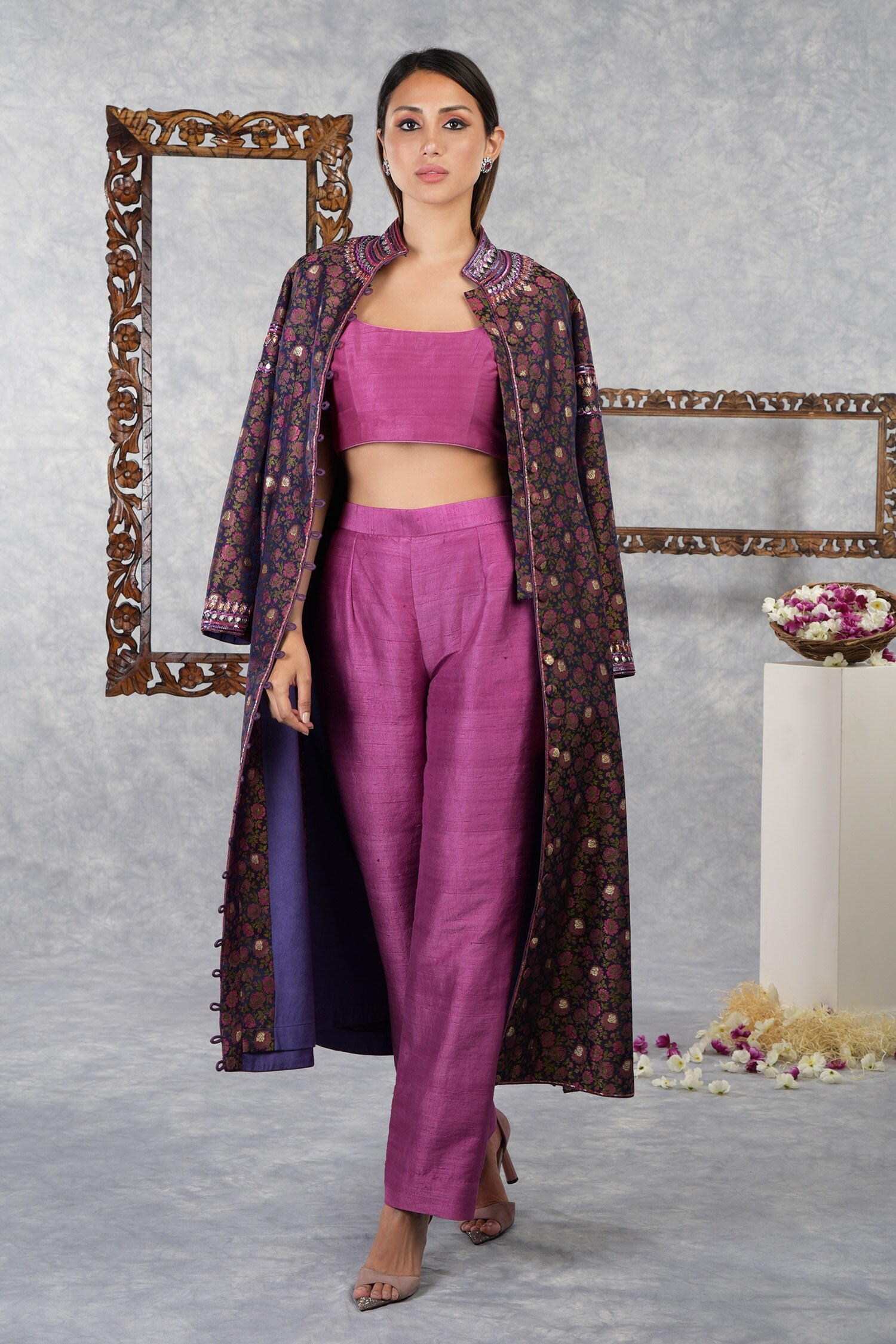 Talking Threads Purple Indira Jacket With Pant Set