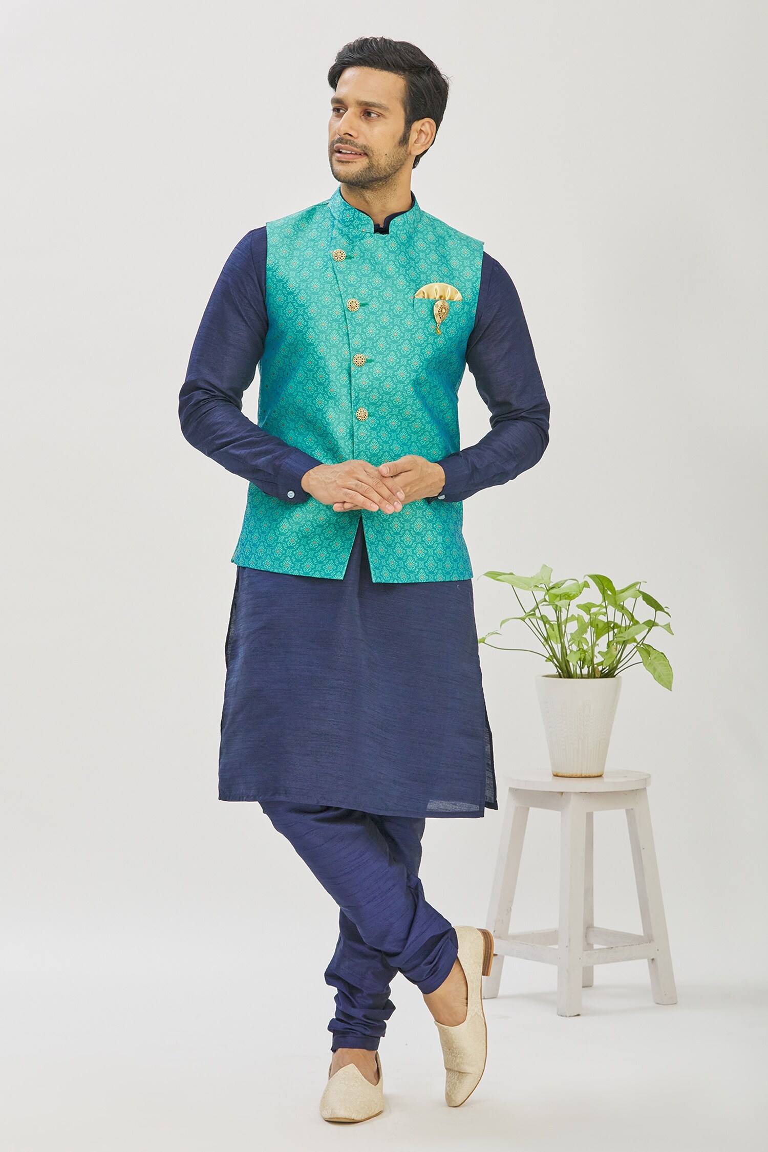 Arihant Rai Sinha Blue Jacquard Banarasi Silk Floral Woven Bundi And Kurta Set