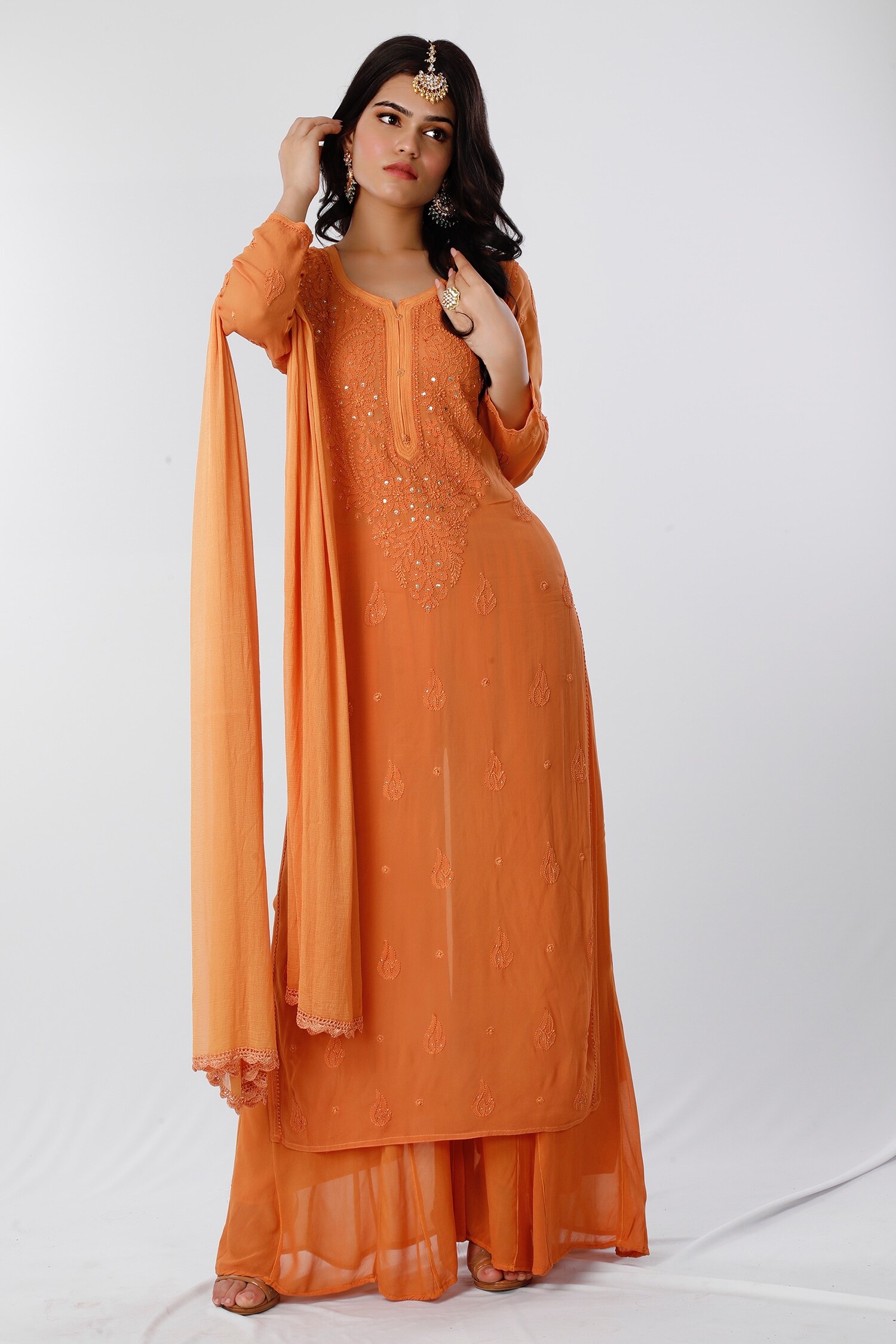 Buy Label Aishwaryrika Orange Chikankari Kurta Palazzo Set