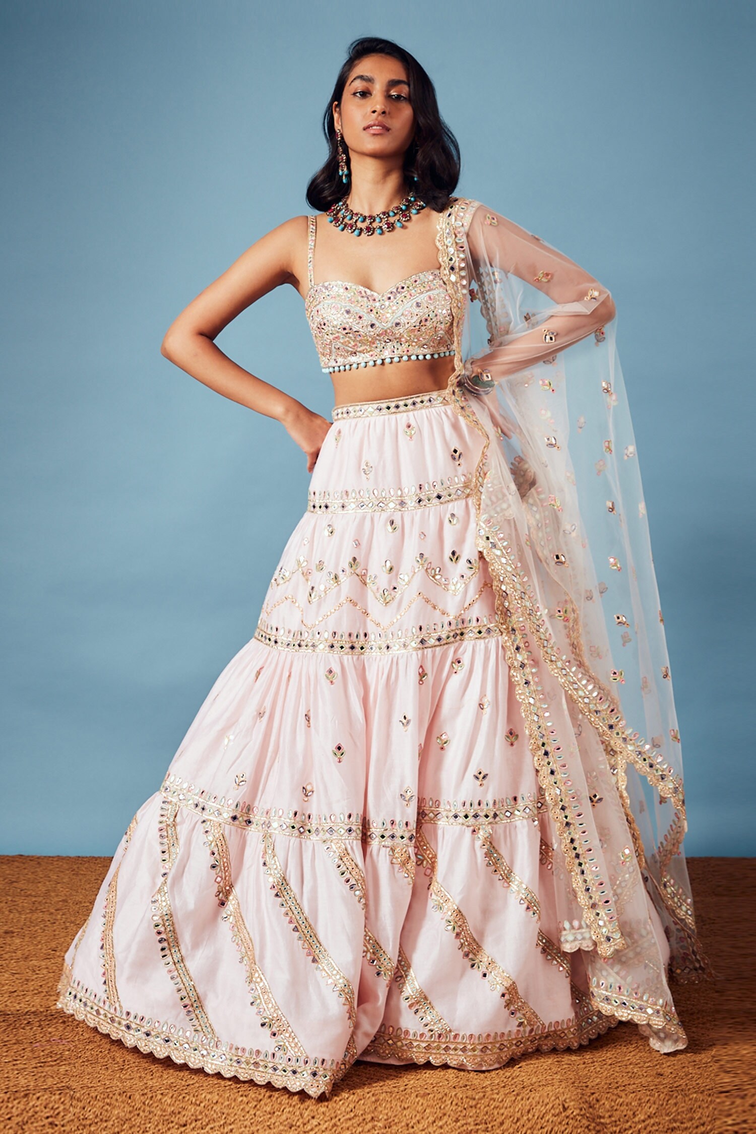 Tamanna Punjabi Kapoor Pink Chanderi Mirror Embroidered Lehenga Set