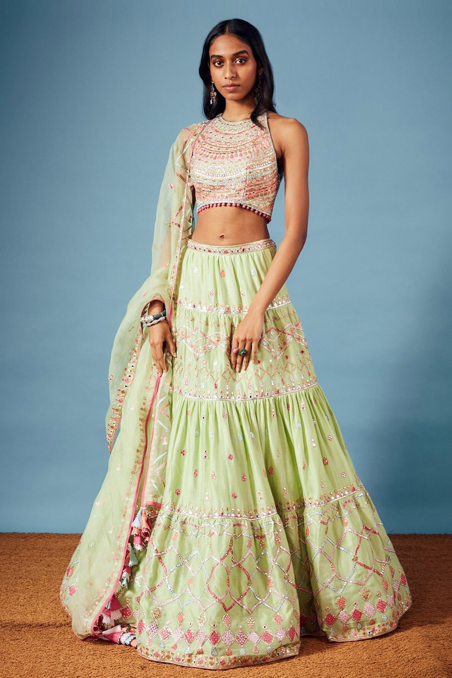Tamanna Punjabi Kapoor Green Chanderi Mirror Embroidered Lehenga Set