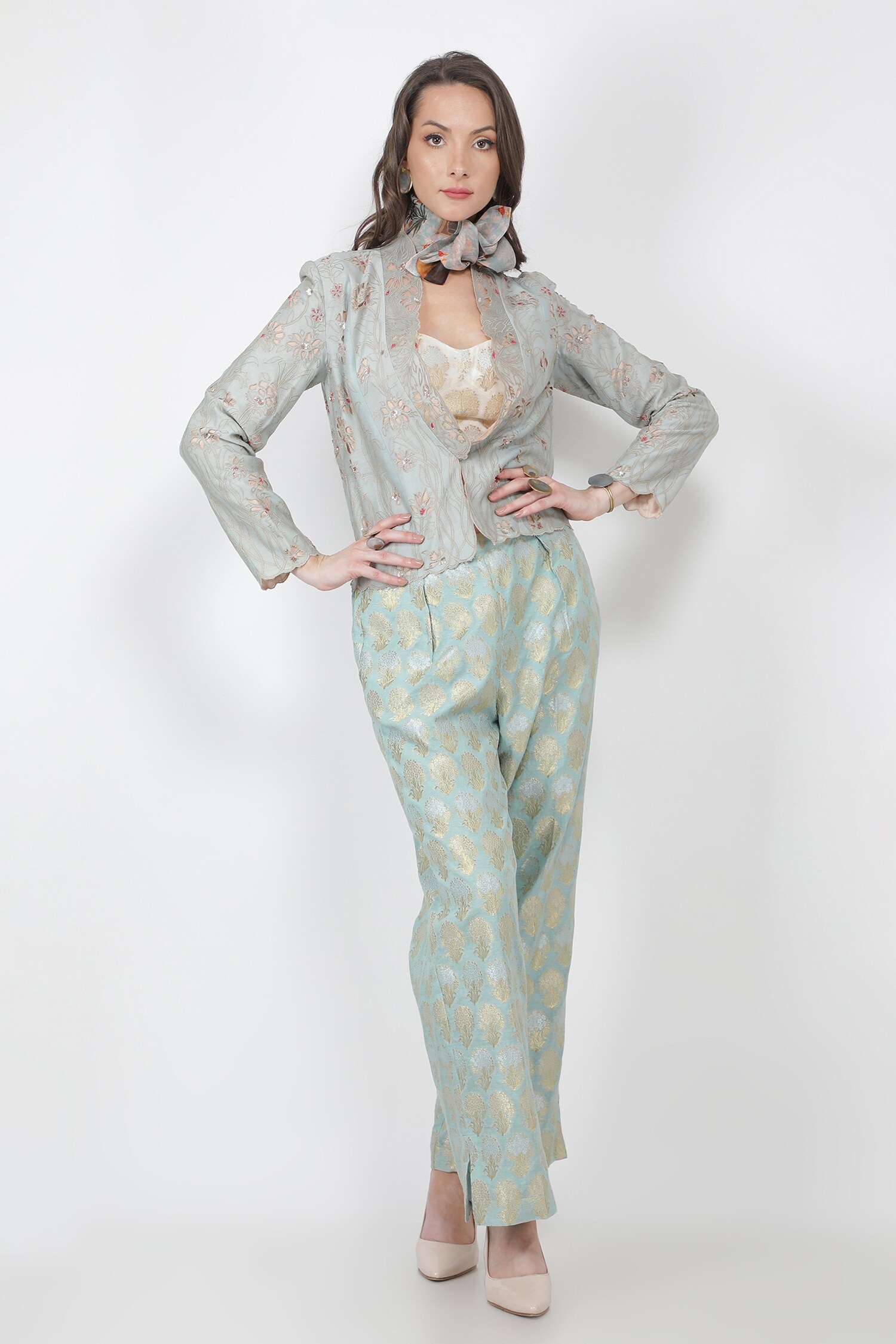 Jajaabor Blue Silk Chanderi Jacket And Pant Set