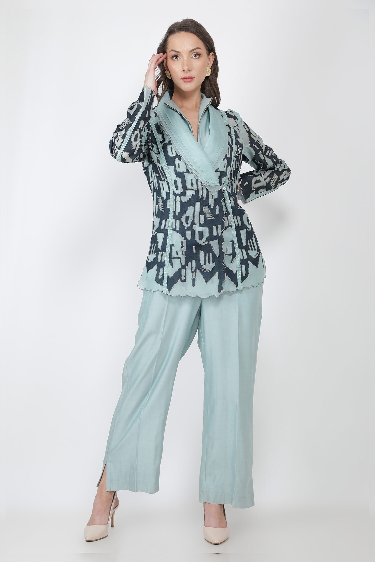 Jajaabor Blue Silk Organza Jacket And Jumpsuit Set
