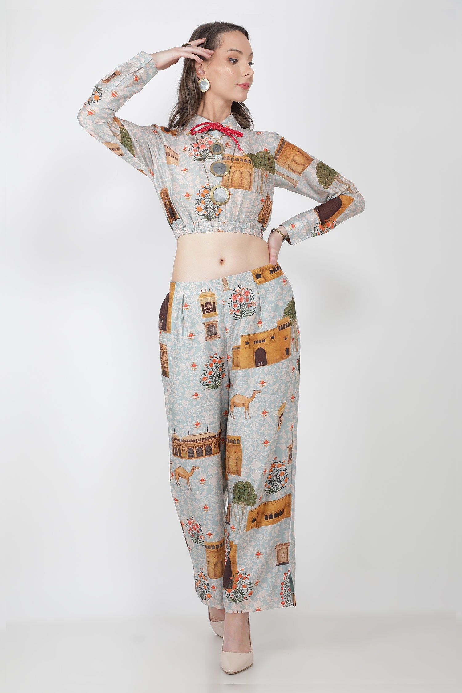 Jajaabor Blue Silk Chanderi Printed Crop Top And Pant Set