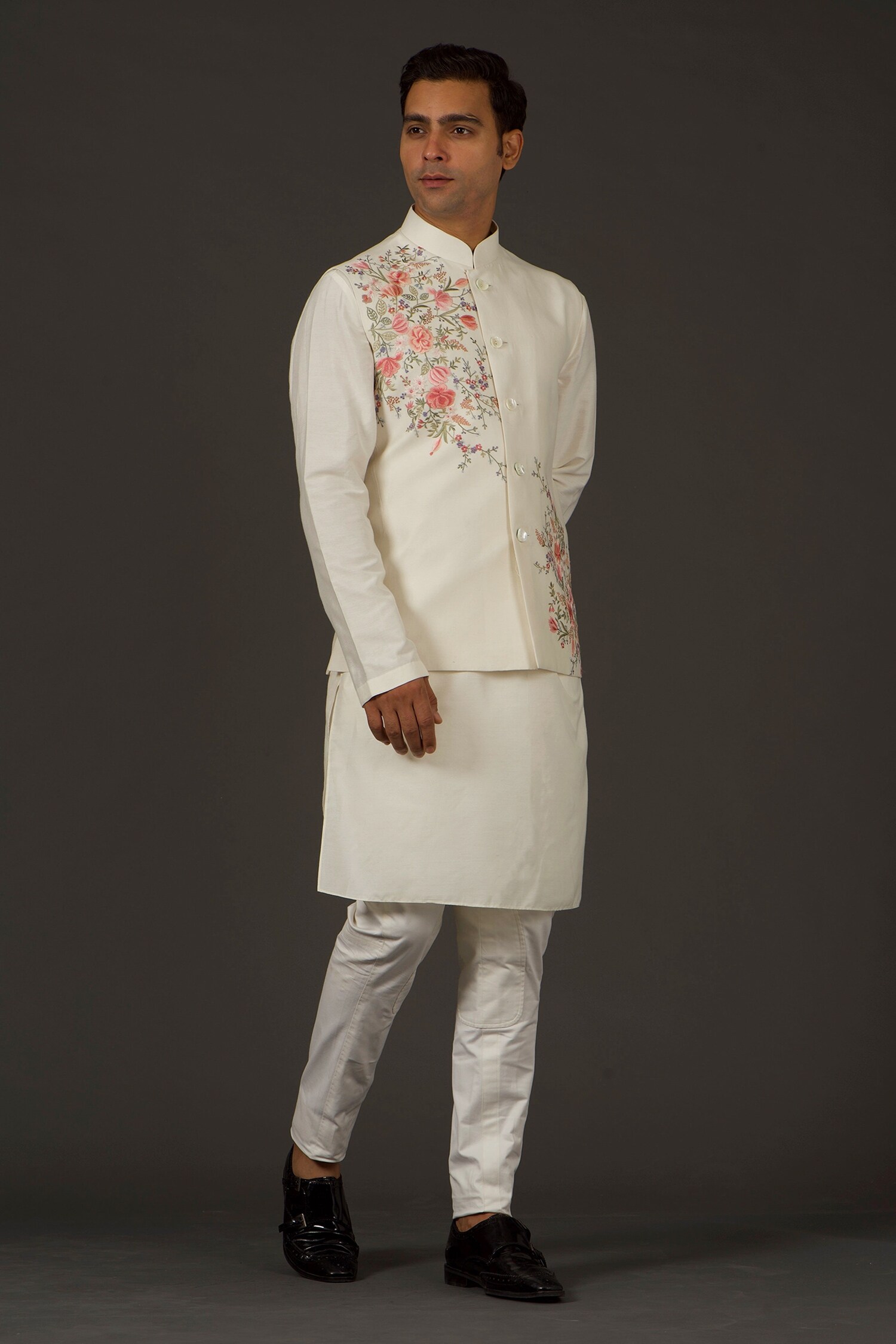 Rohit Bal White Linen Embroidered Bundi