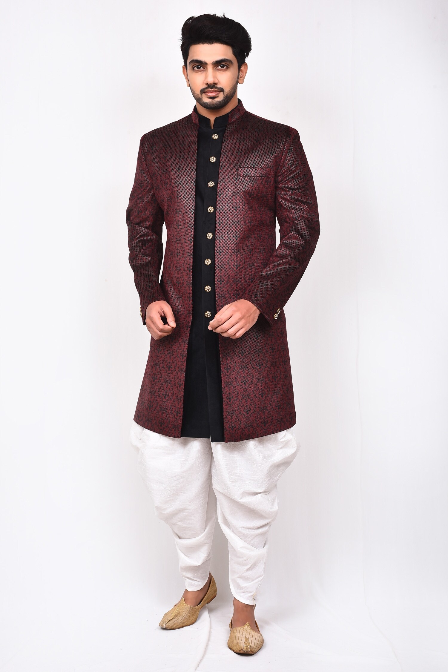 Buy Khwaab by Sanjana Lakhani Maroon Floral Print Sherwani Set Online ...