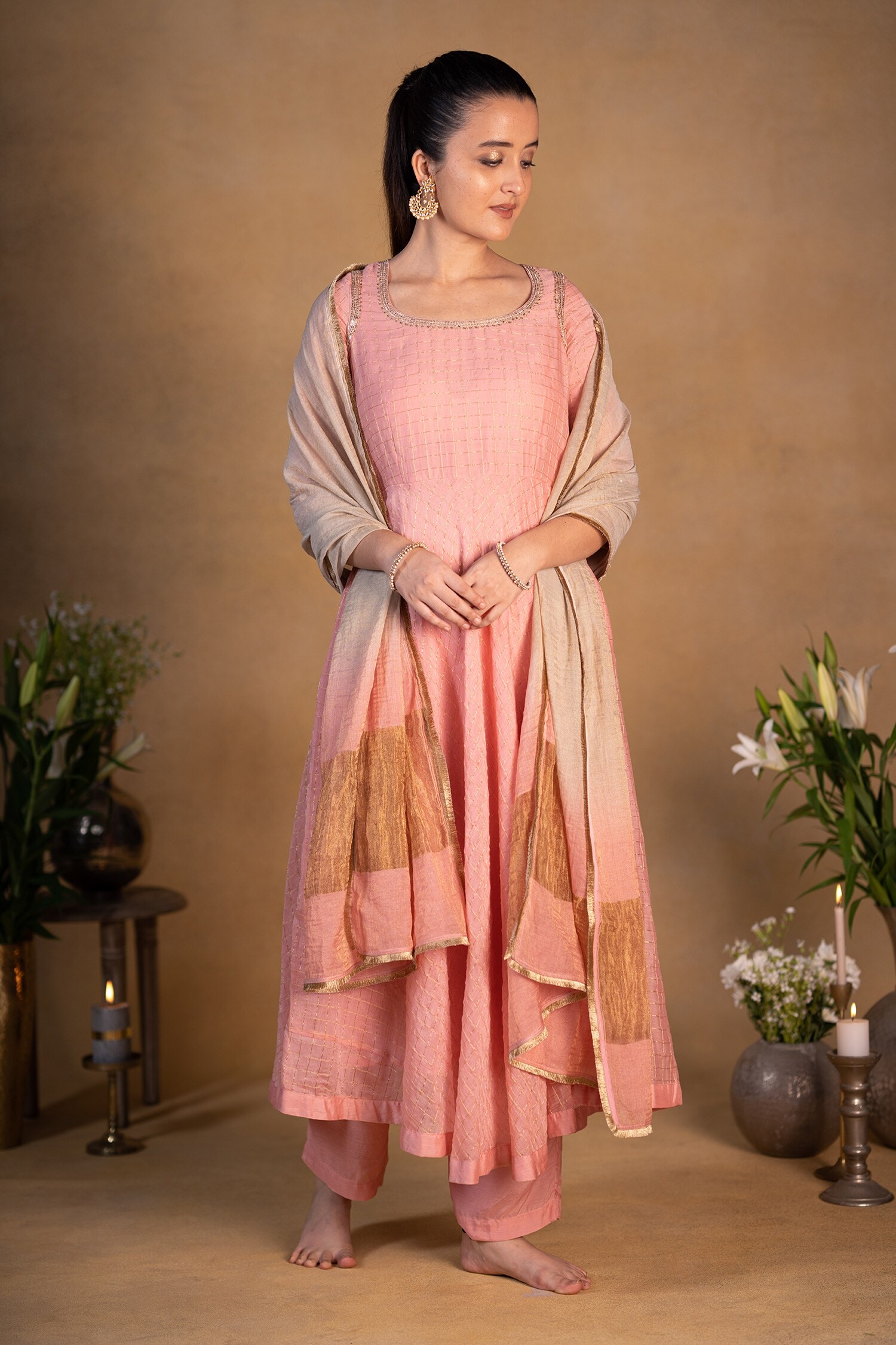 Pants and Pajamas Pink Chanderi Ombre Zari Work Dupatta