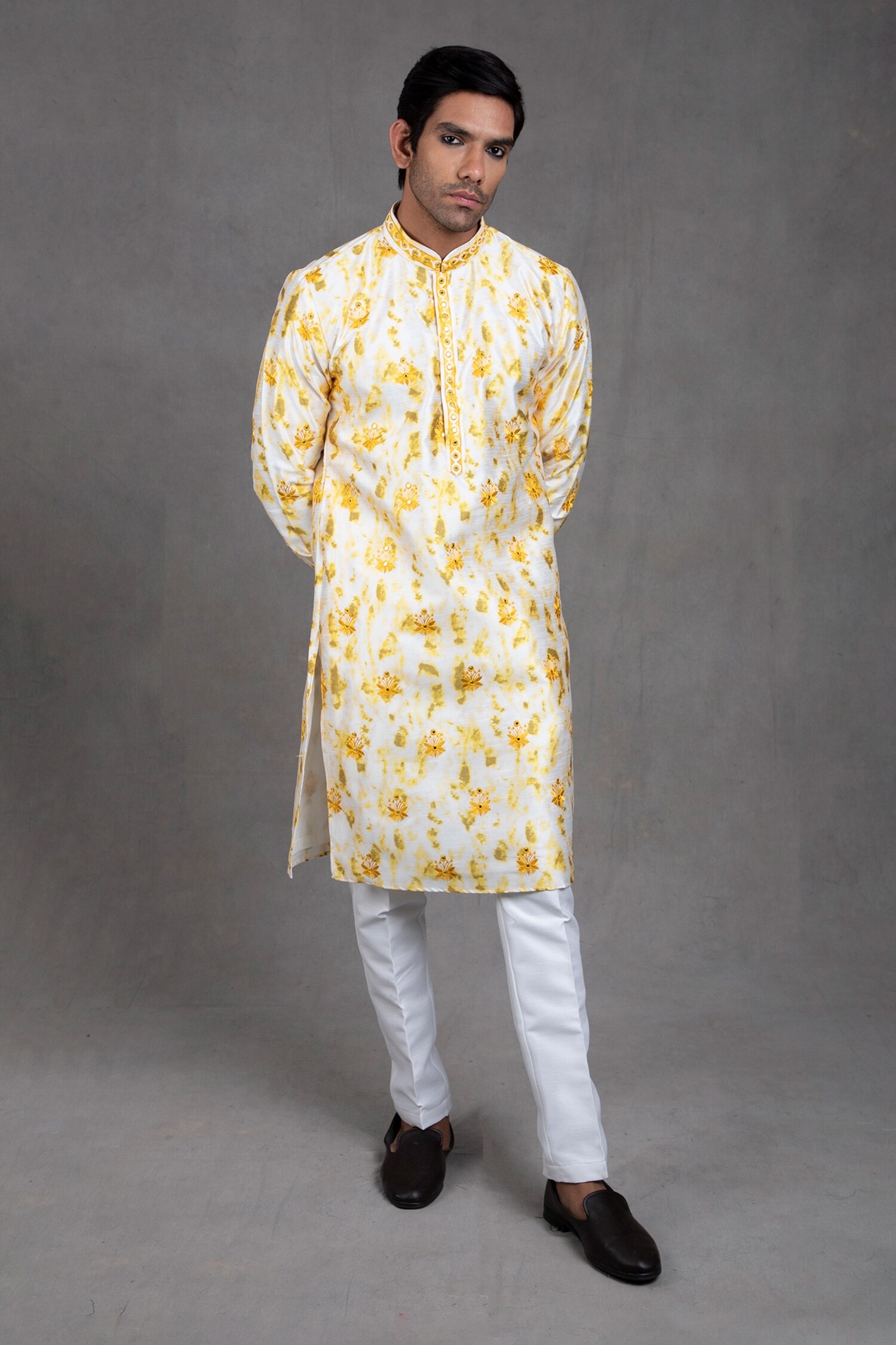 Buy RNG Safawala Yellow Cotton Silk Tie And Dye Print Kurta Set Online ...